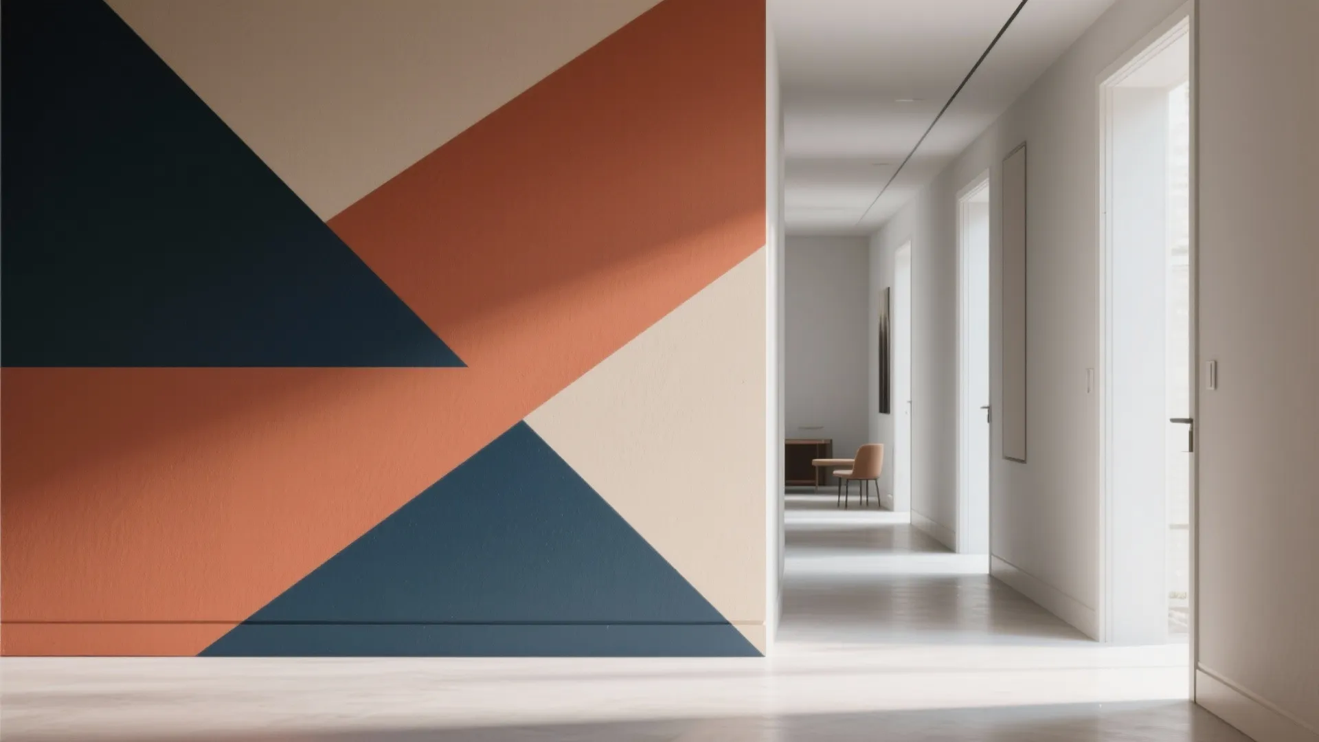 Modern hallway with precise geometric color-blocking in navy, terracotta, and beige.