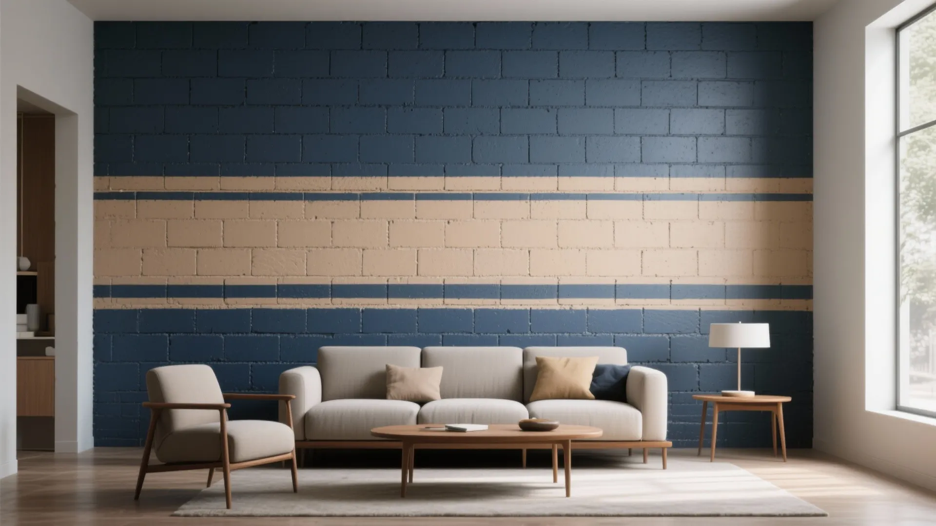Cinder block wall with wide horizontal color-block bands in deep navy and warm beige, crisp lines over textured blocks.