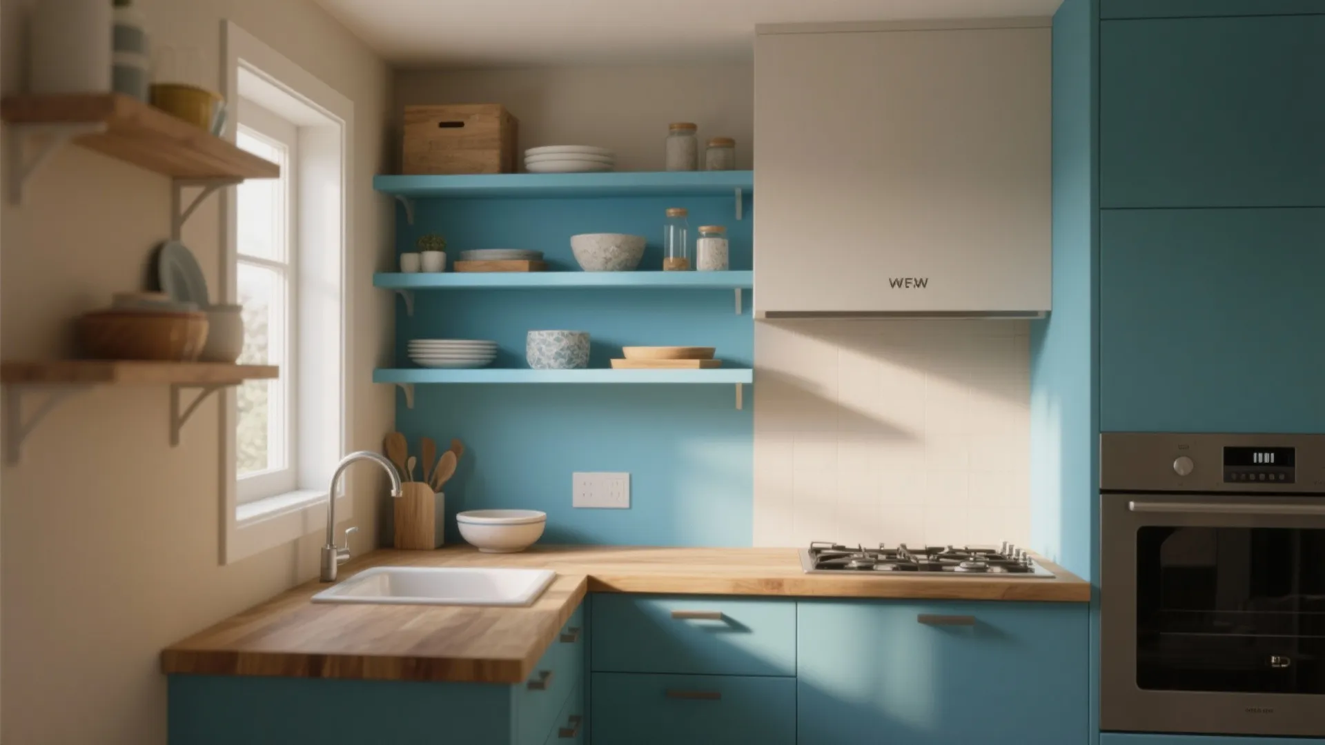Micro kitchen with powder-blue mineral paint color-blocking on a prep shelf, defining functional zones in a small space.