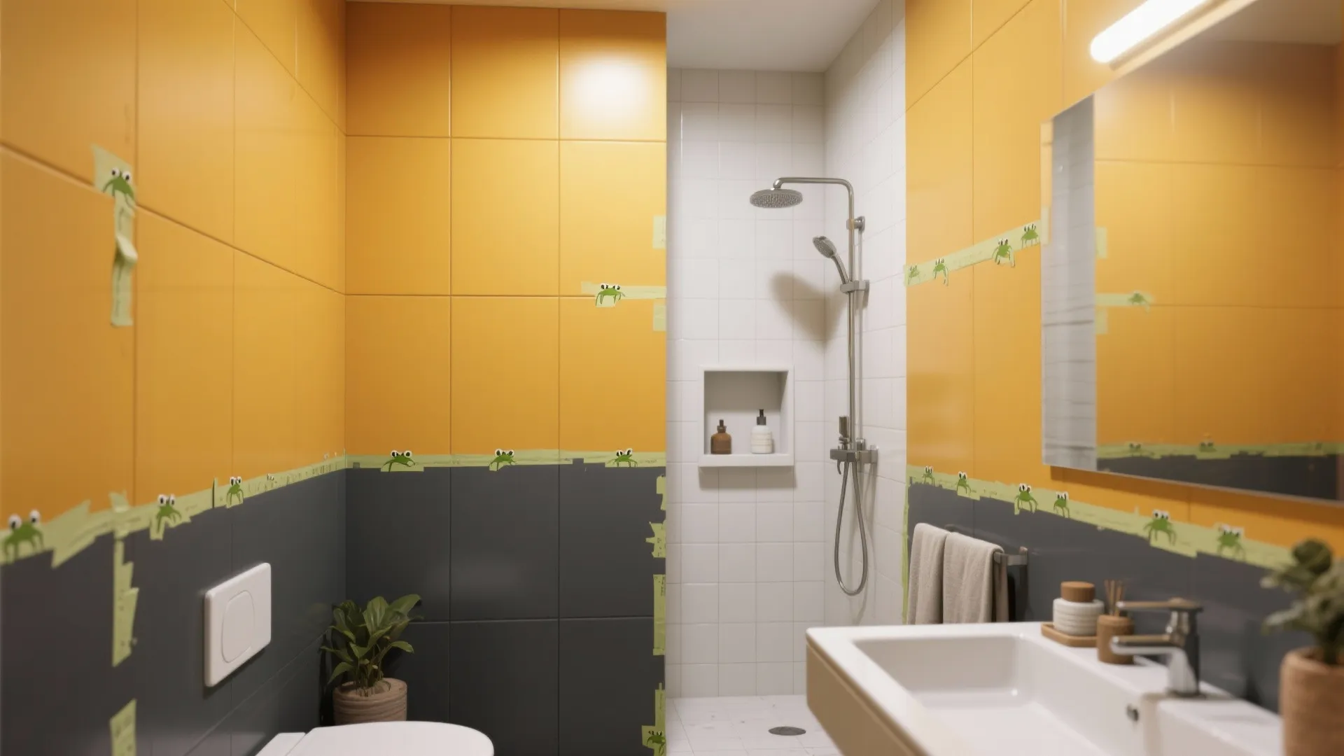 Small bathroom with crisp geometric color blocks in mustard and slate gray and clean enamel finish.
