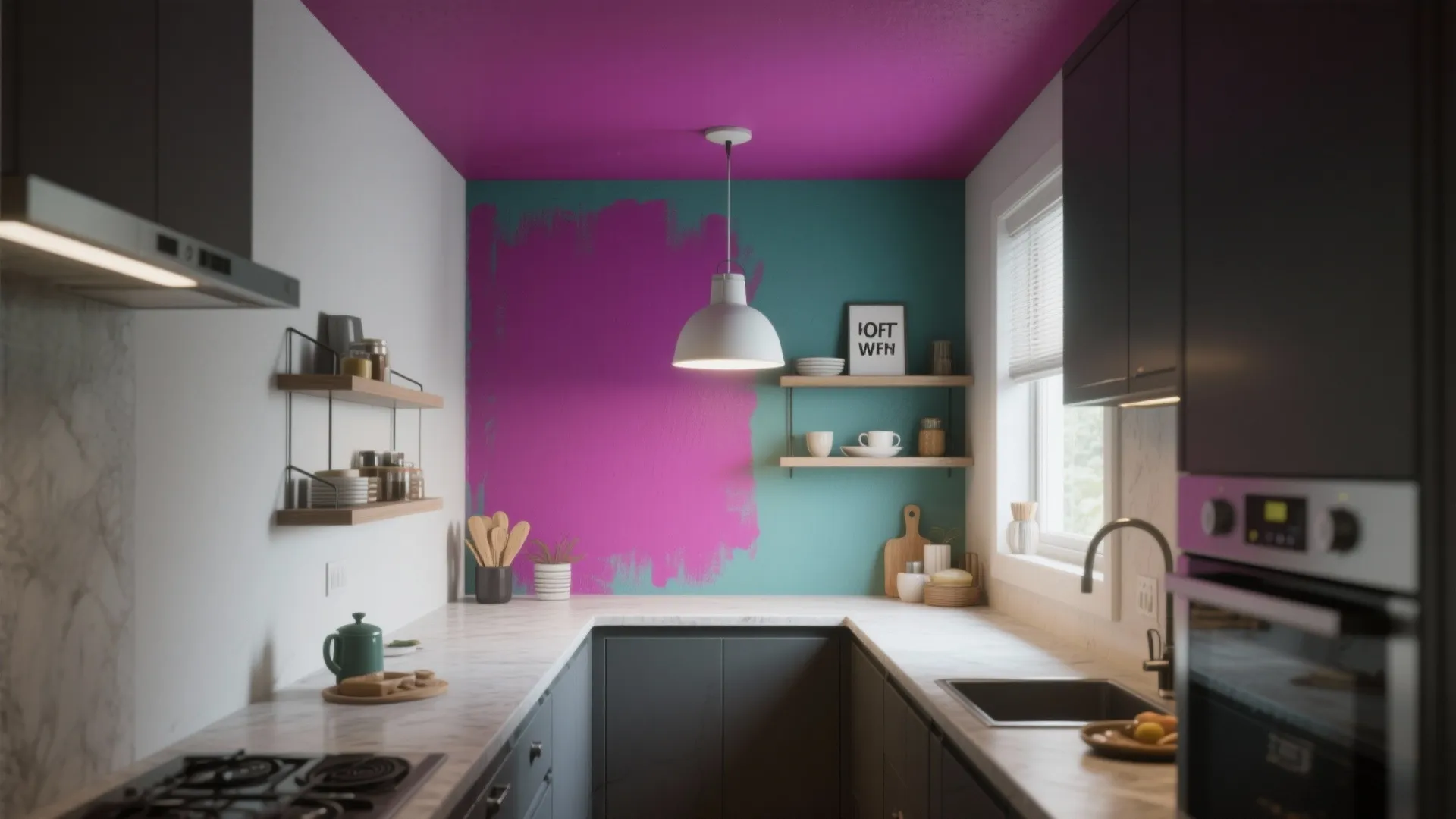 Modern kitchen with purple ceiling blue walls white ceiling light black cabinets and marble countertop