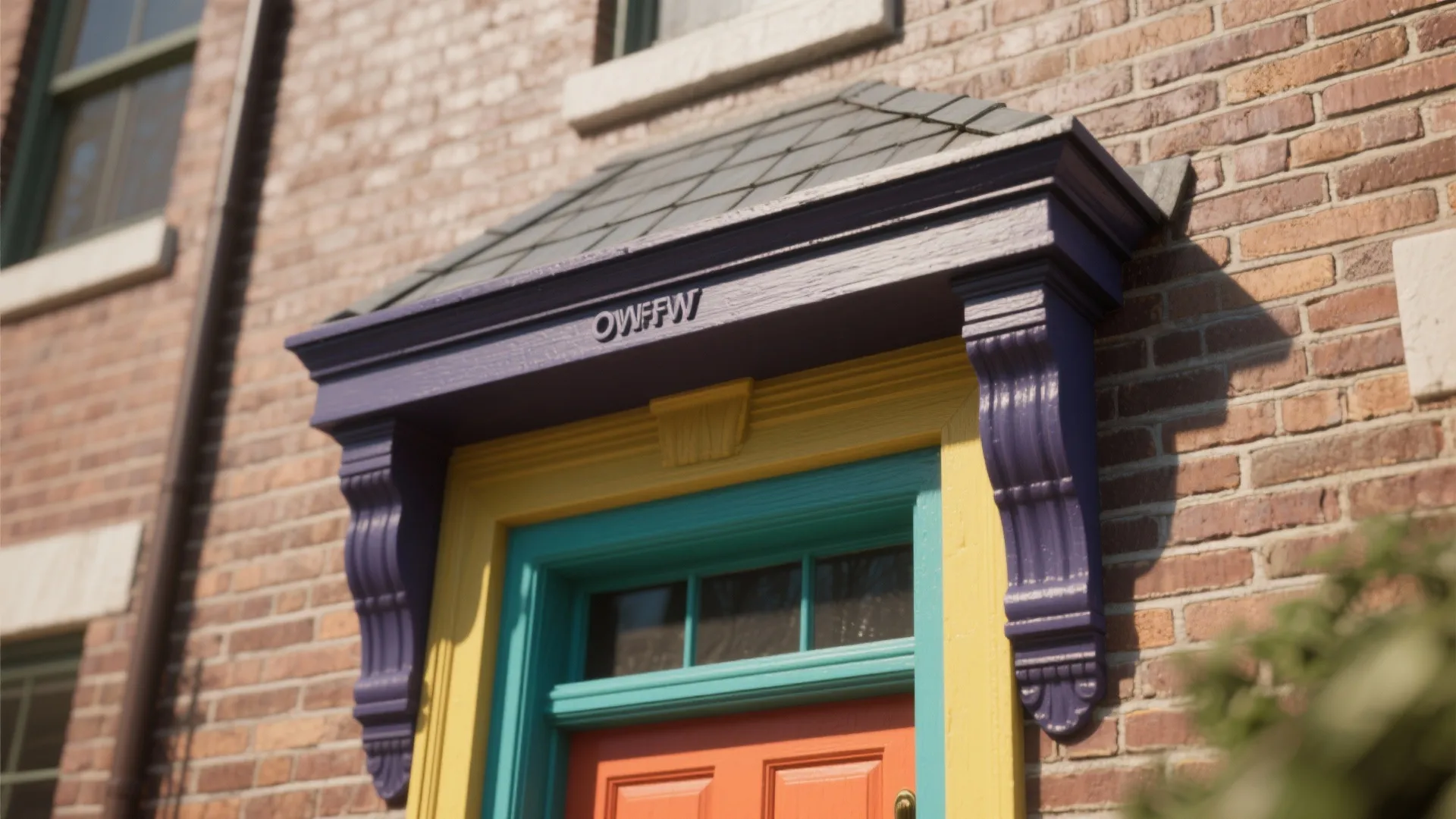 Colorful front door with purple roof and yellow and blue door frame on brick house