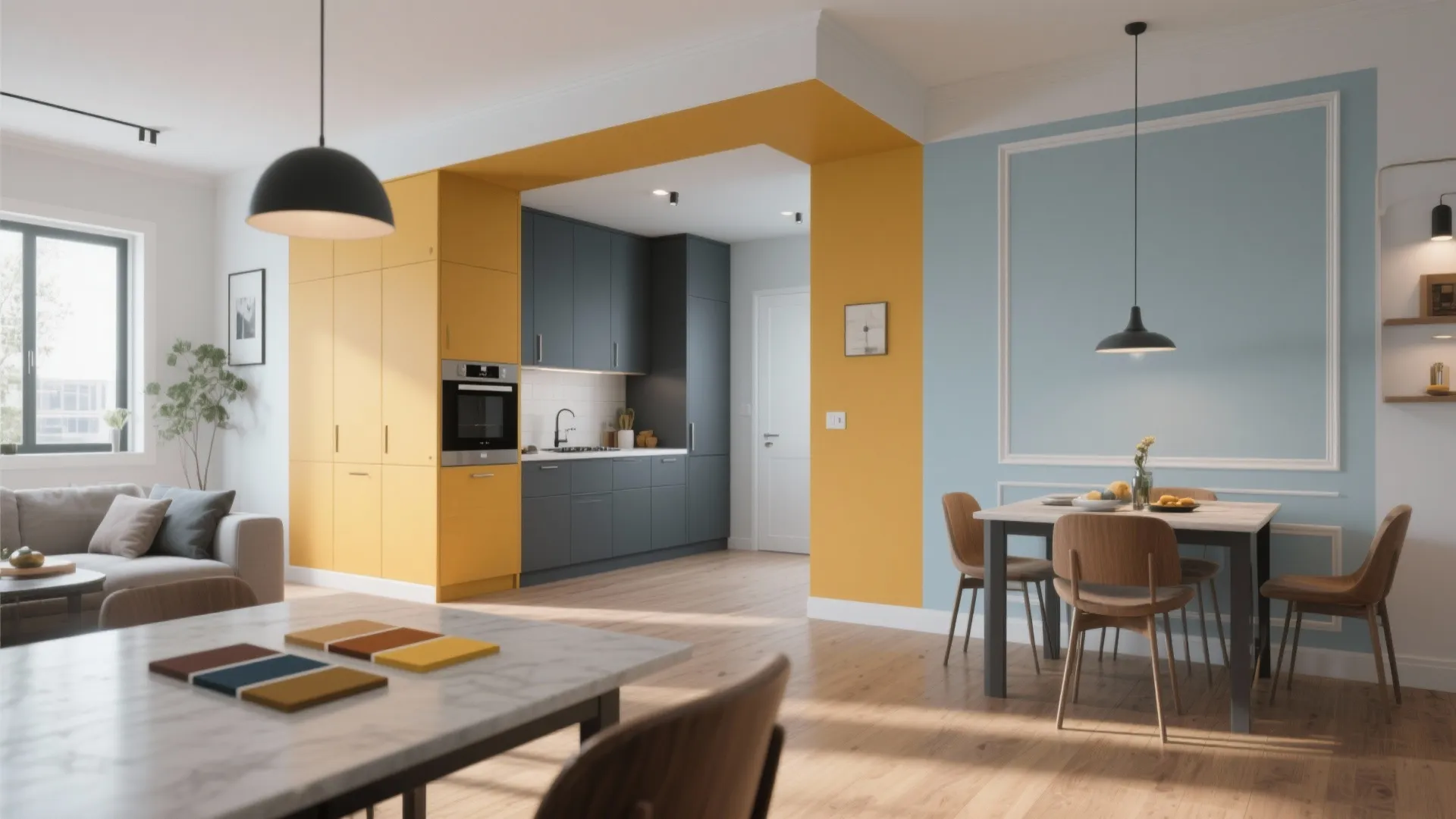 Modern open plan kitchen and dining area with yellow cabinets and blue wall panels with furniture