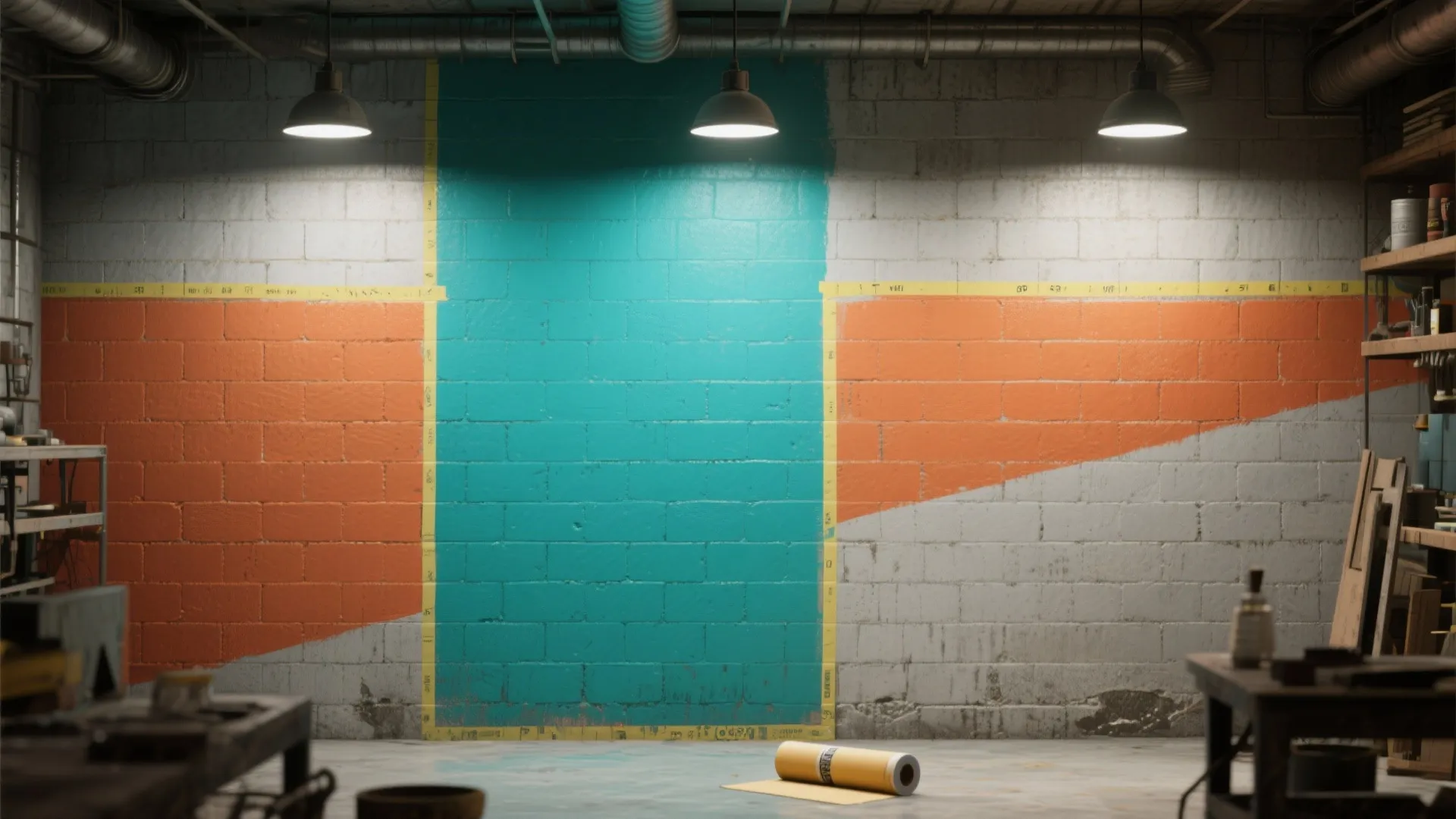 Concrete block wall with large geometric color blocks in deep teal, terracotta and gray, showing tape and rough mortar texture.