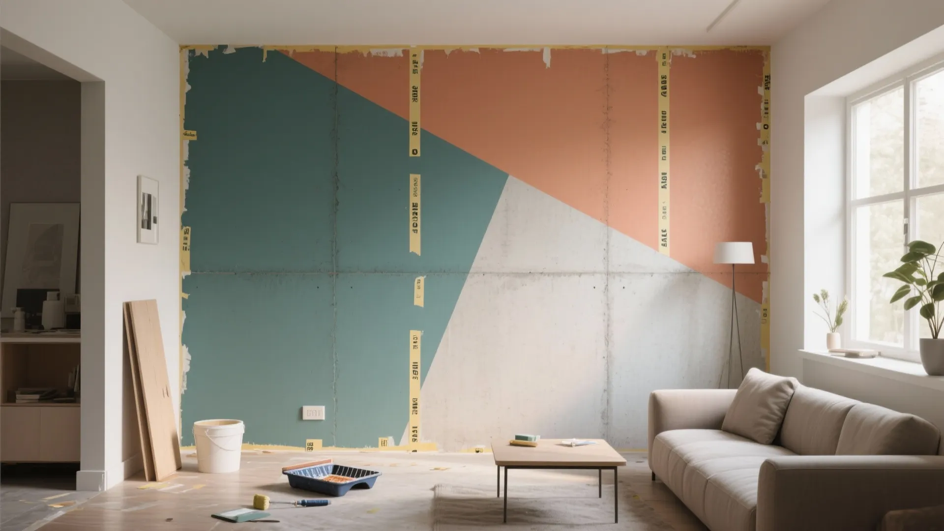 Living room wall painting process with geometric orange and green color block design and tools