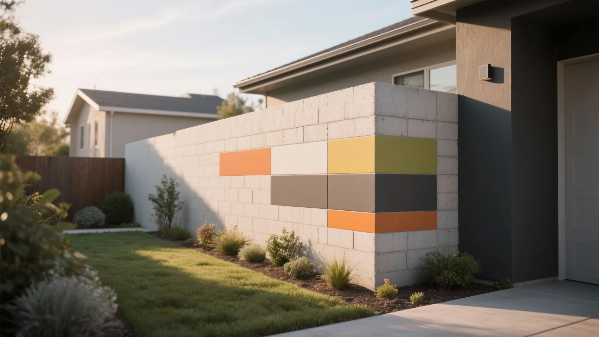 Modern exterior house wall with colorful painted rectangles including orange yellow grey and green finish