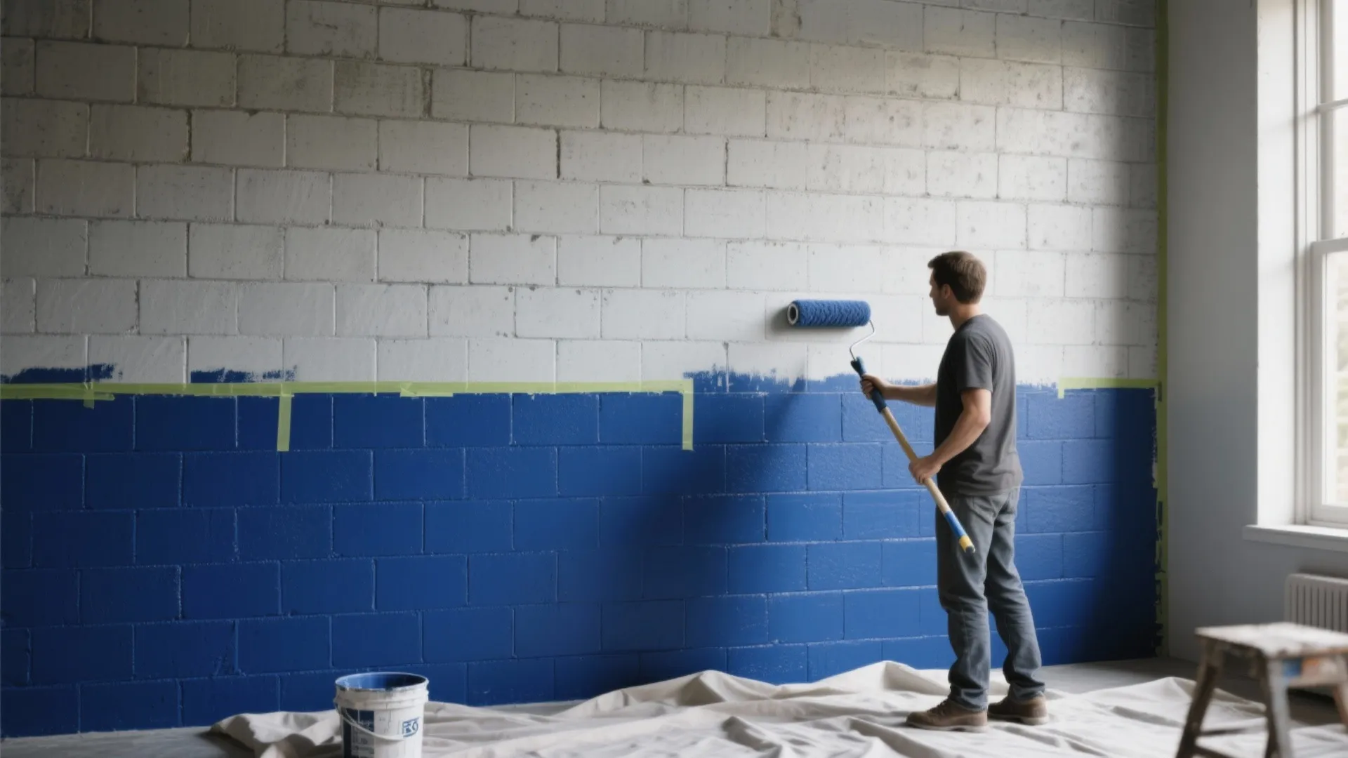 Man uses a paint roller to apply blue paint onto a white brick wall surface