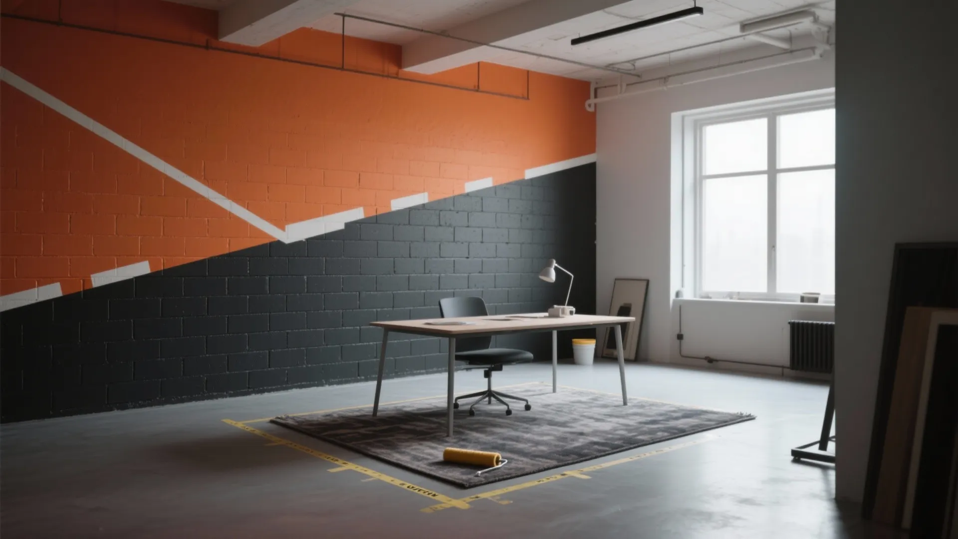 Office room featuring a geometric orange and black painted wall with desk and desk lamp