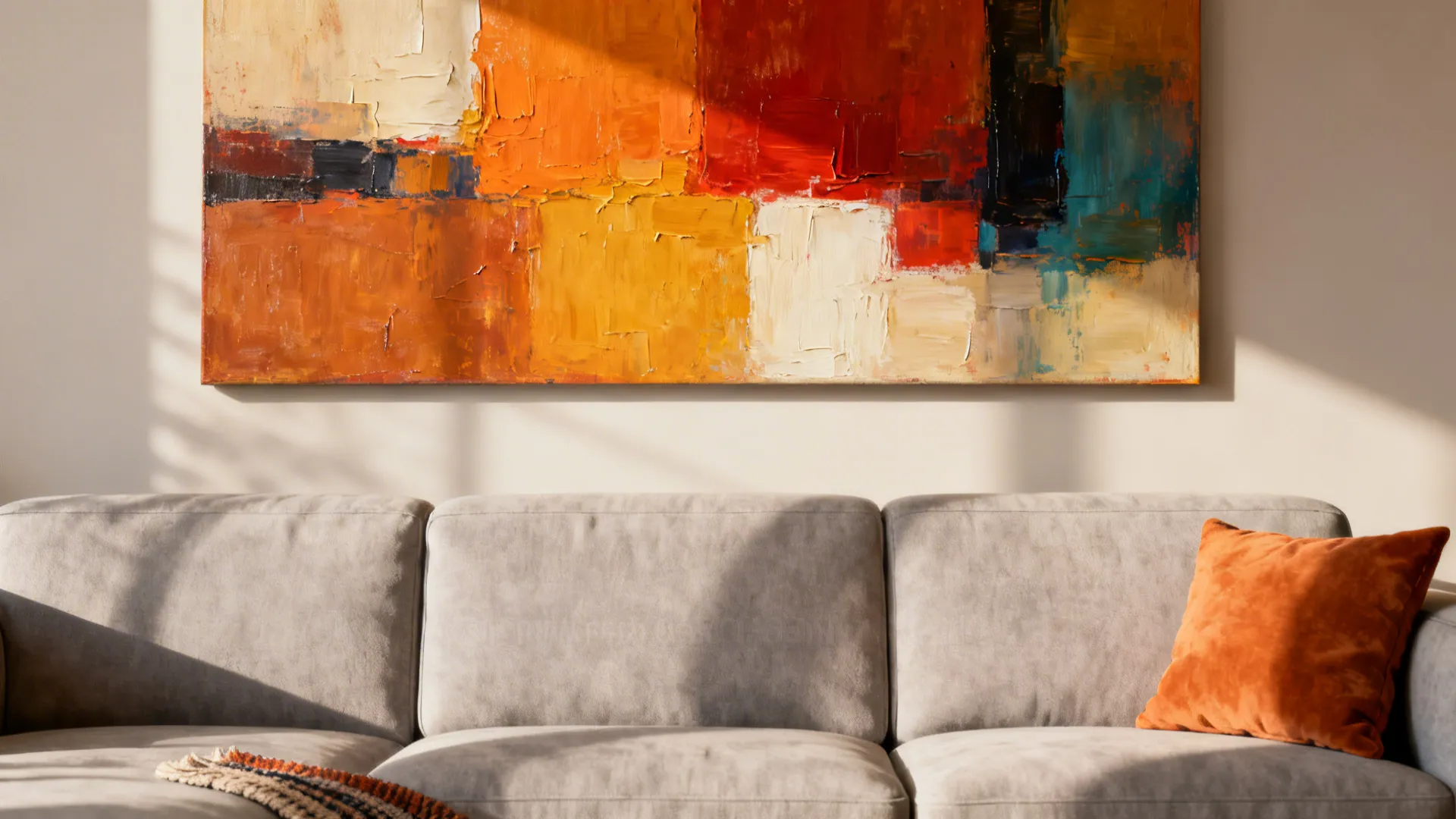 Close-up of warm color-blocked abstract painting above a pale grey sofa with coordinating cushion.