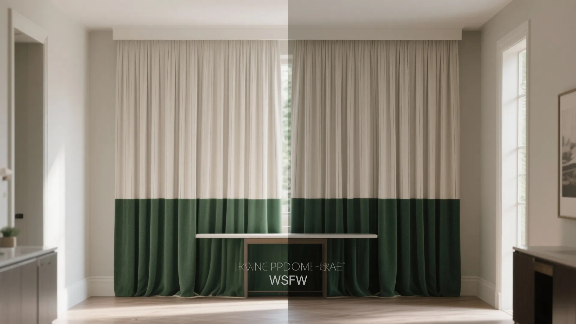 Two tone cream and green curtains hanging in a bright room with a wooden floor