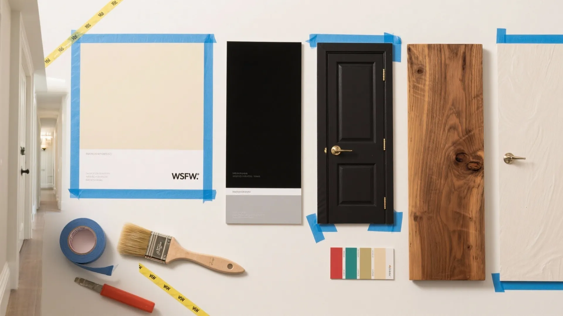 Interior design mood board with paint samples and wood textures next to a small door