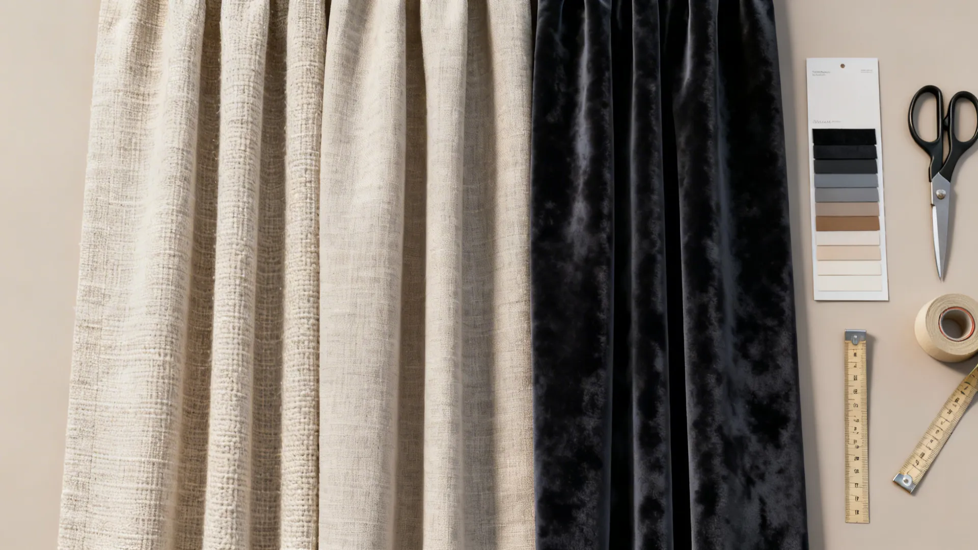 Flatlay of three complementary curtain fabric swatches in light, medium, and dark tones with color chips.
