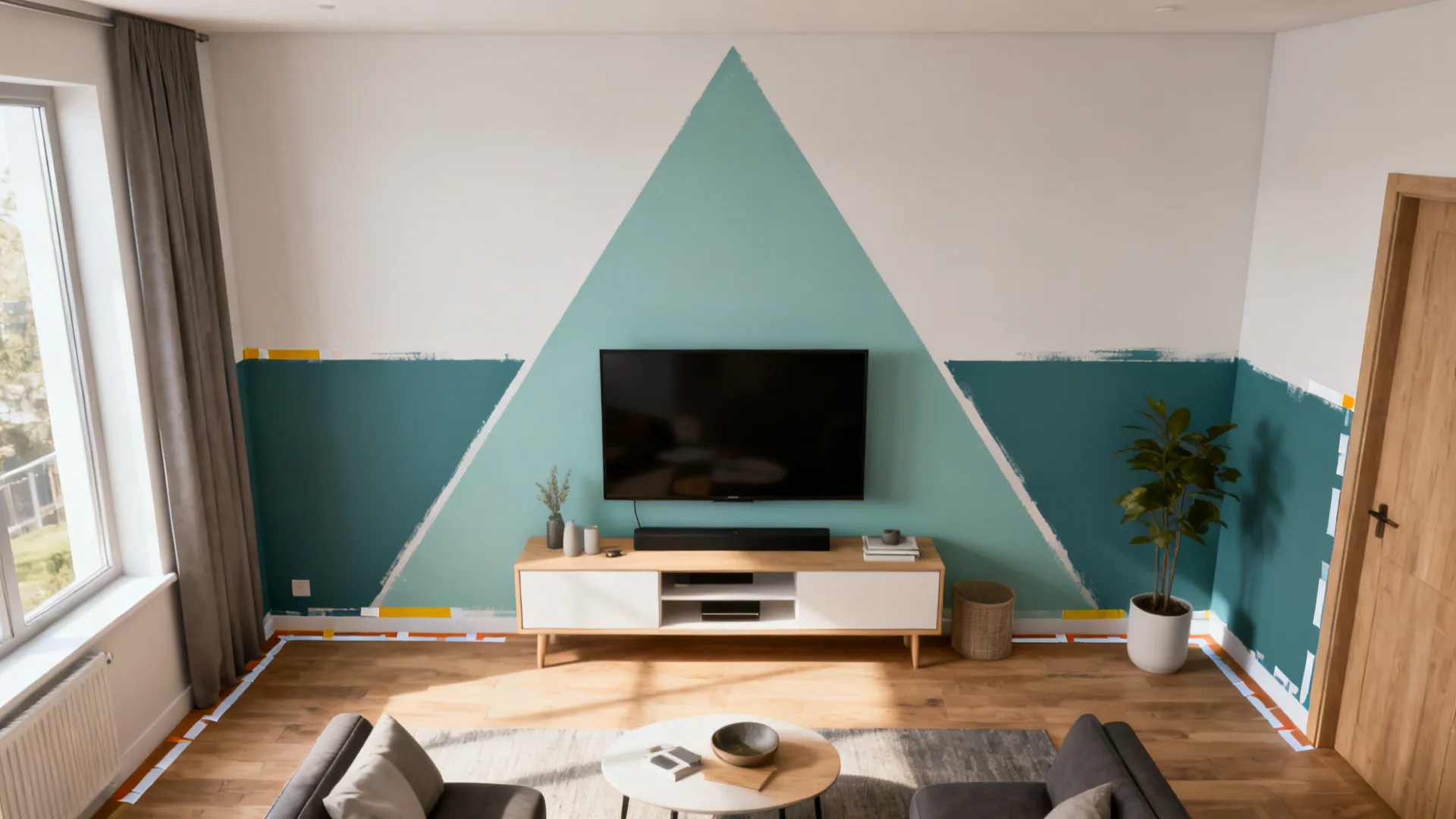 Living room with a two-tone horizontal paint split and a bold geometric accent behind the TV.