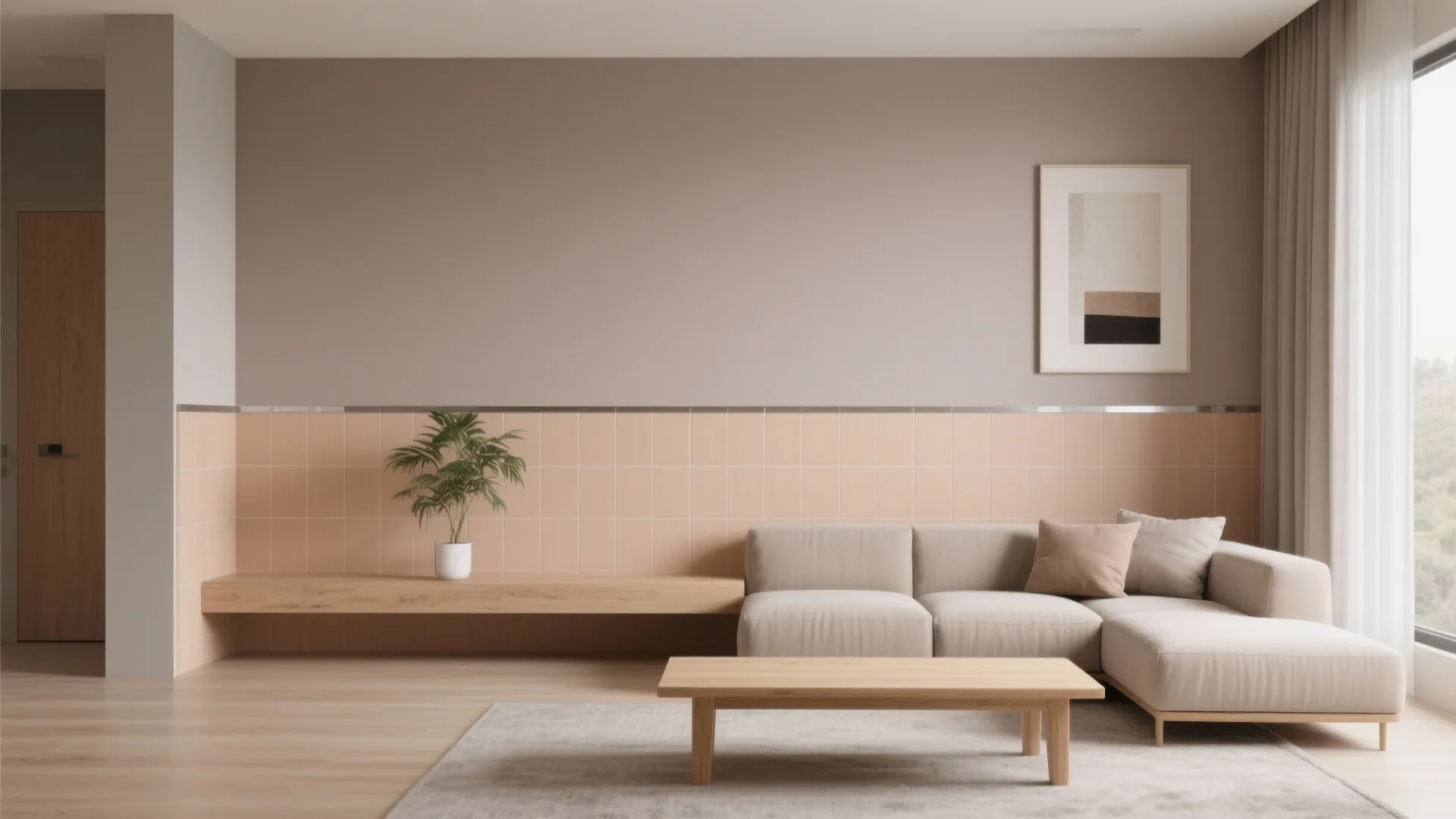 Bright living room with pink wall panel wooden table grey sofa wall art and natural light