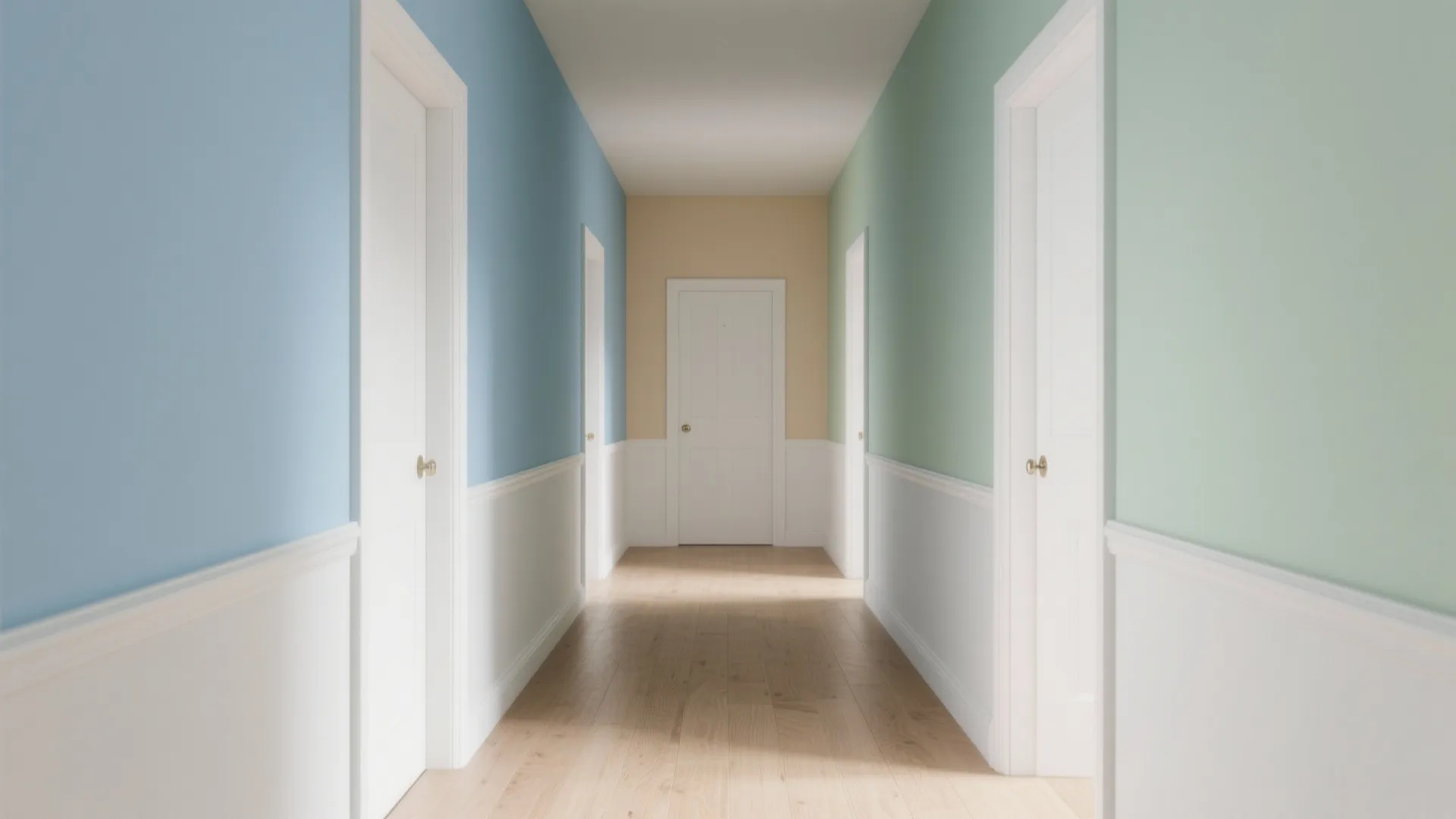 Bright hallway with blue and green painted walls white wall panels and light wood floor