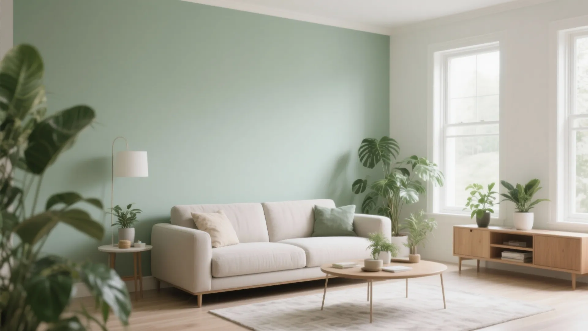 Modern living room with green accent wall white sofa wooden coffee table and indoor plants