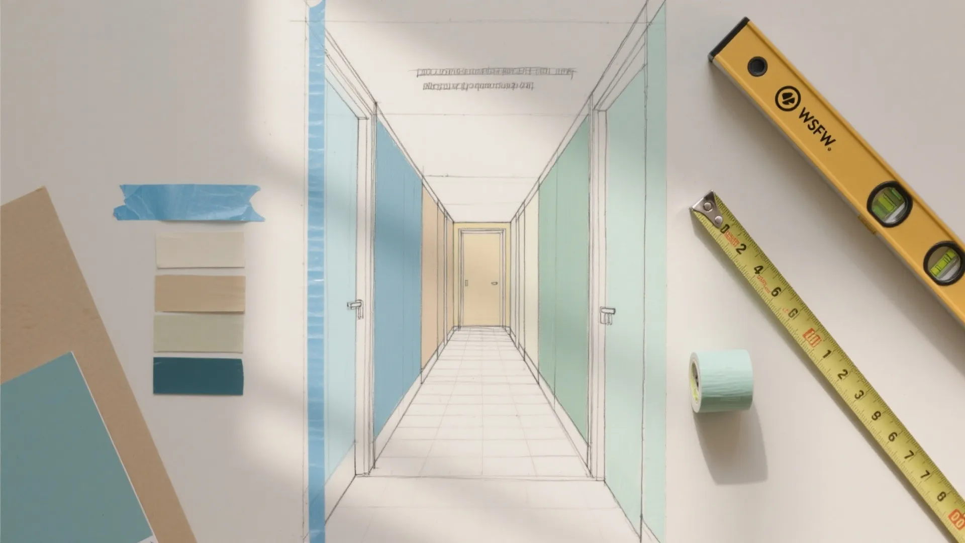 Interior design drawing on table with color samples, measuring tape, yellow level, and blue tape