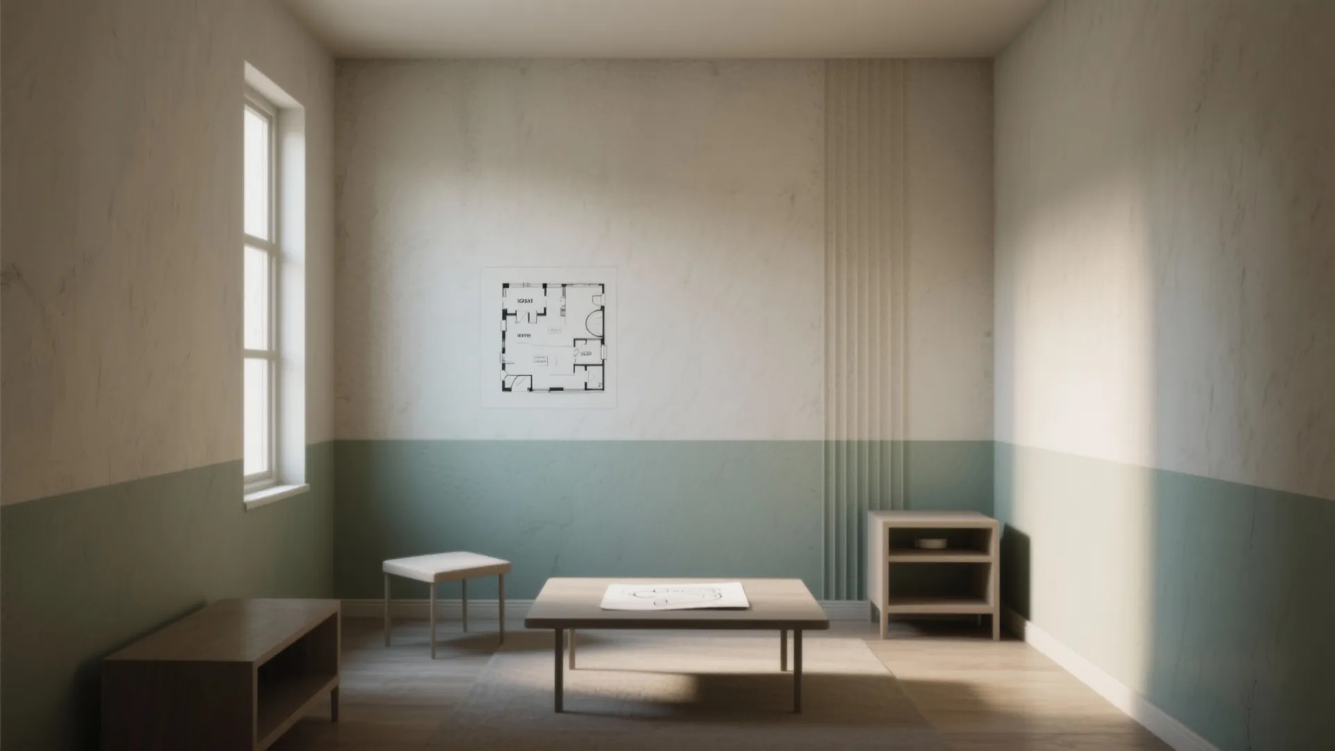 Small room with lower mid-tone and lighter upper plaster walls using color blocking to make the space feel taller.