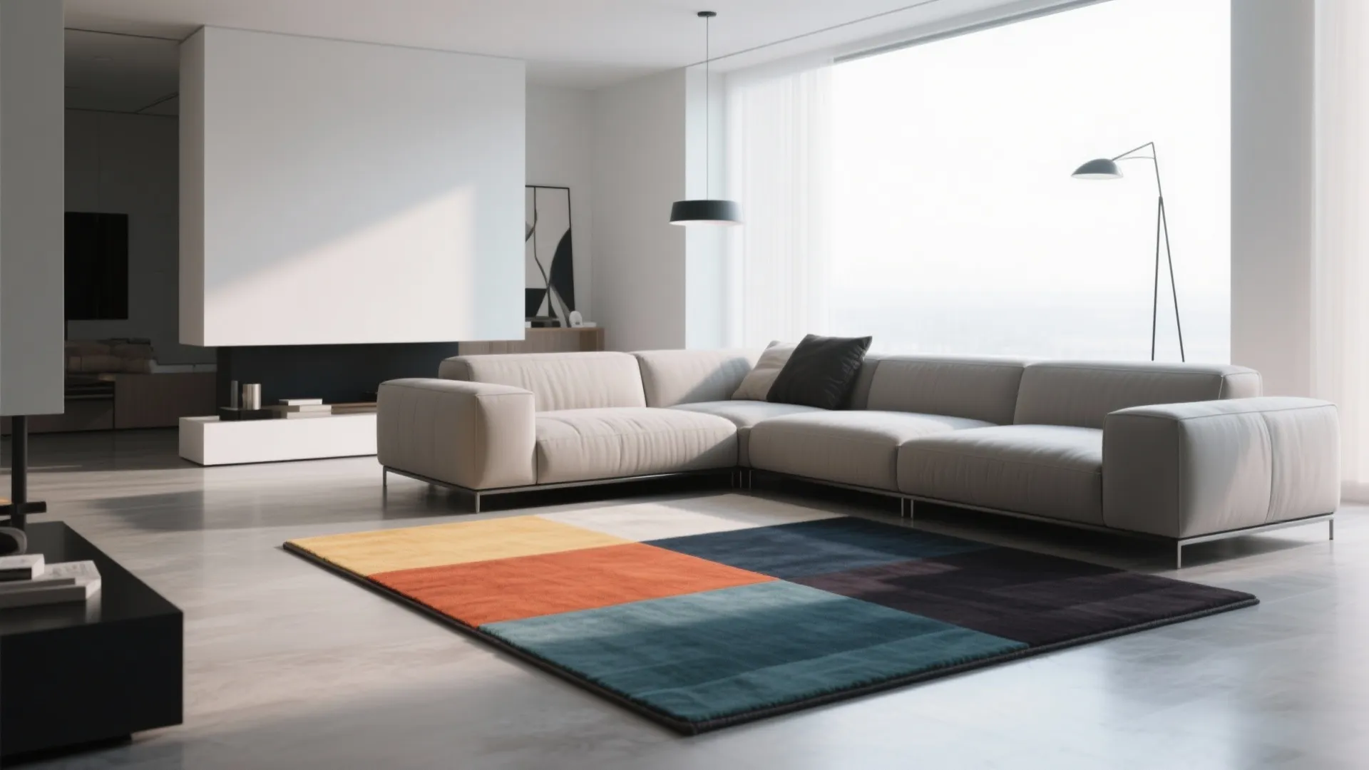 Modern living room with bold color-block rug design