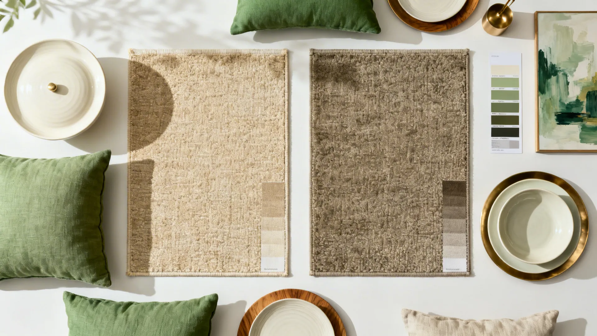 Flatlay of coordinated rug swatches and accents showcasing color blocking for living and dining zones.