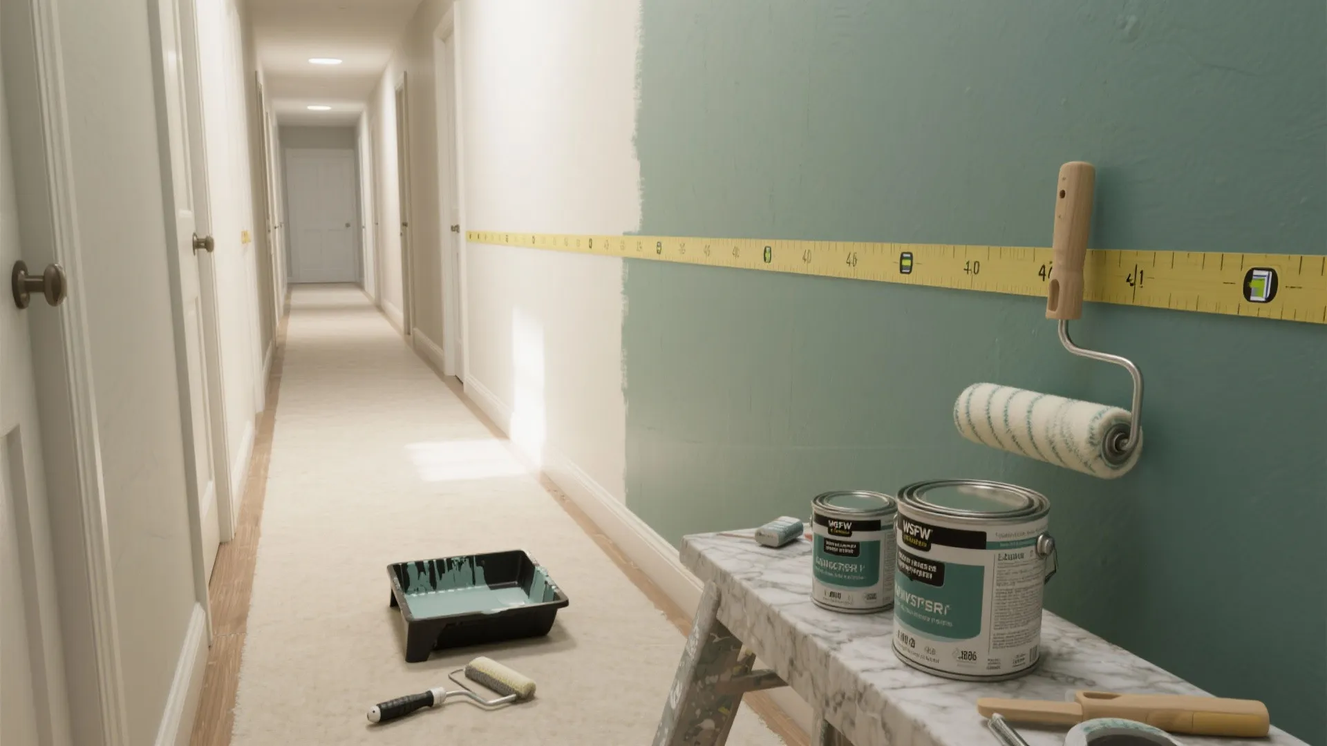 Long white hallway with green paint cans and roller brushes used for painting accent walls