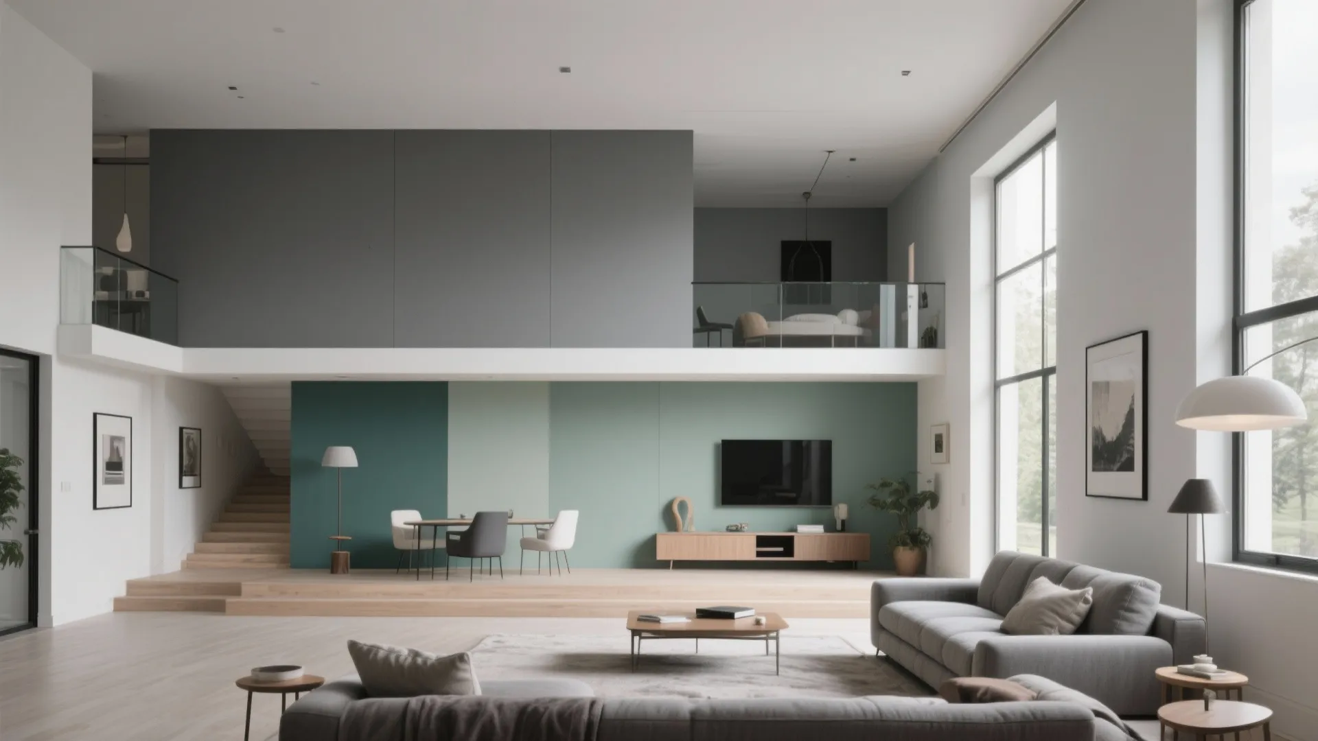 Modern living room with green wall panels, grey sofa, wood dining table, and natural light