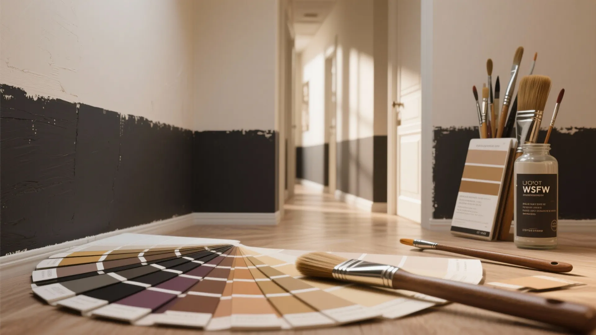 Paint color swatches on wooden floor with brushes and a jar near a half-painted wall
