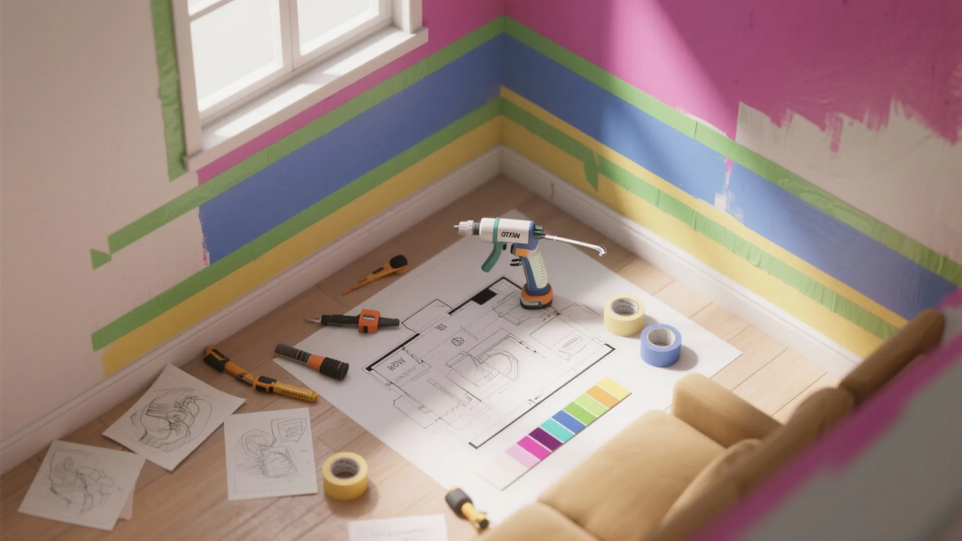 3. Quick color blocking with guided tape and a mini sprayer