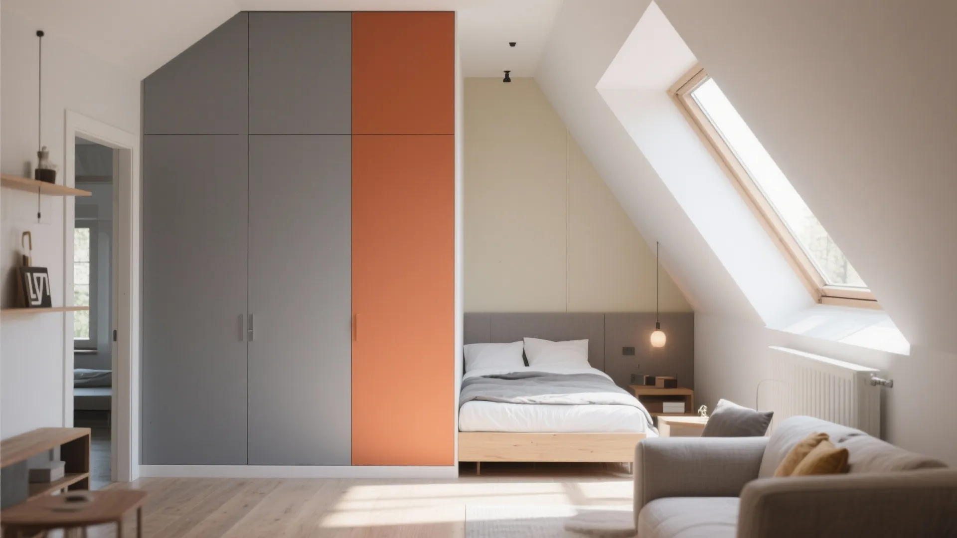 Modern bedroom featuring a grey and orange wardrobe next to a bed under sloped windows