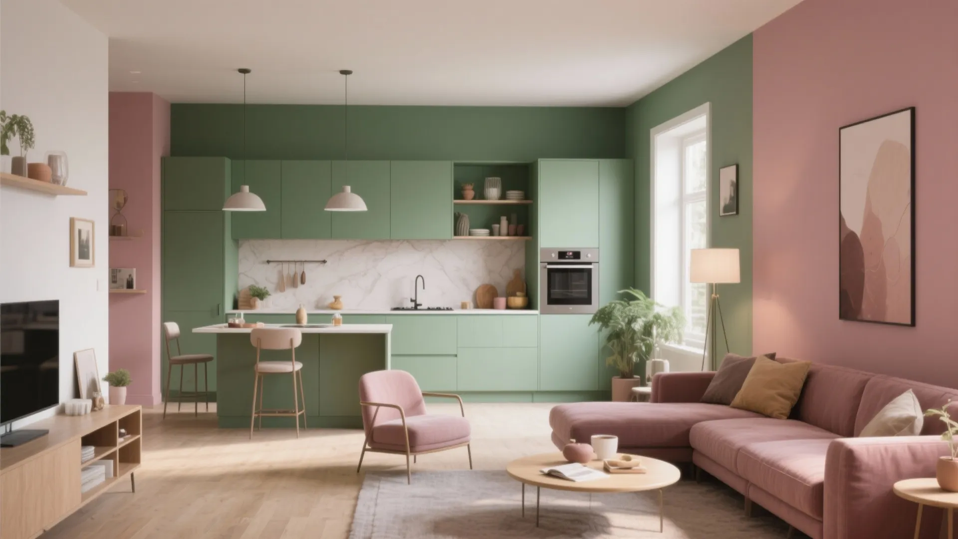 Kitchen in sage green and living room in dusty rose for subtle zoning