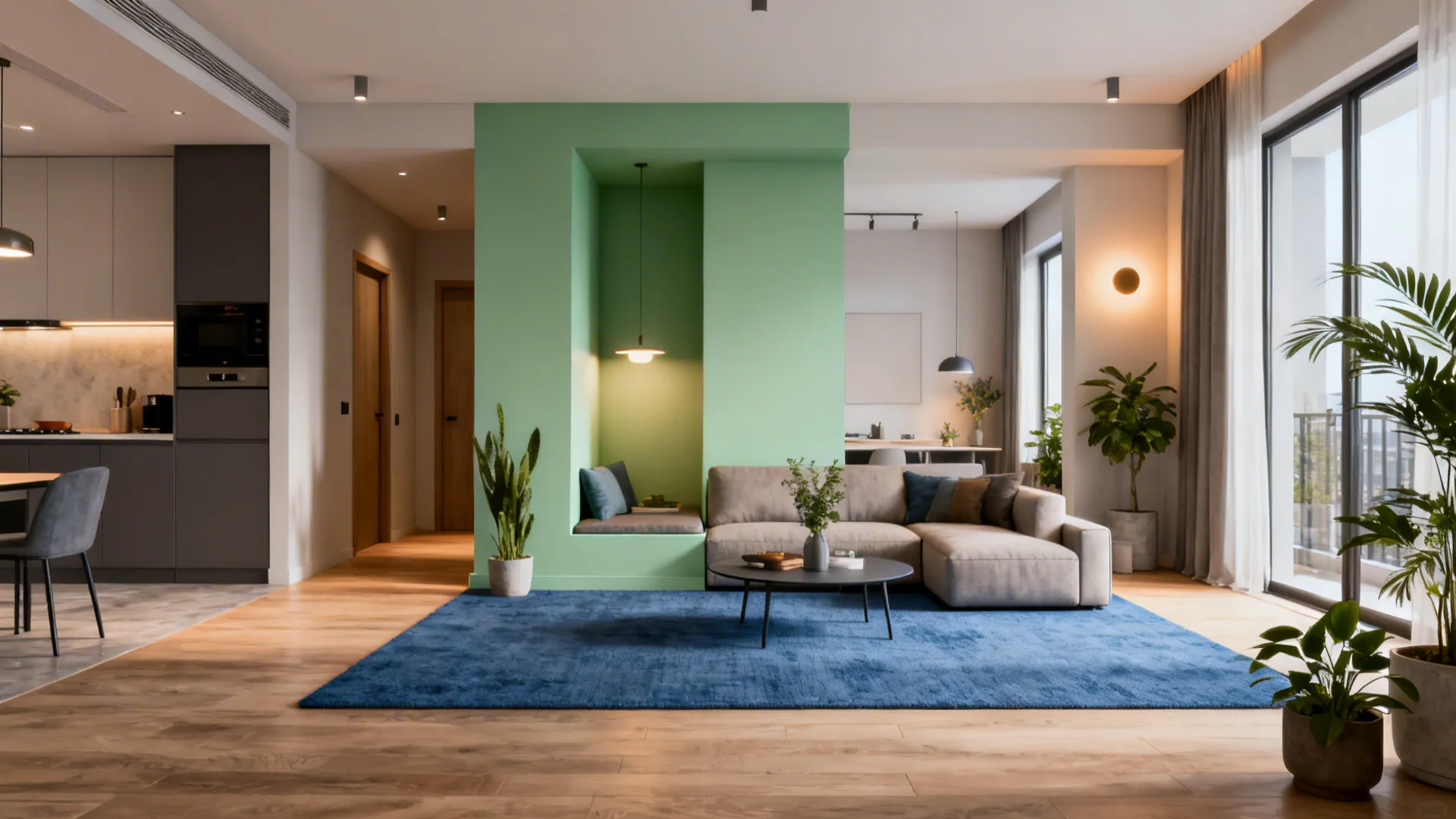 Open-plan small apartment showing blue rug under seating and a soft green nook wall defining zones.