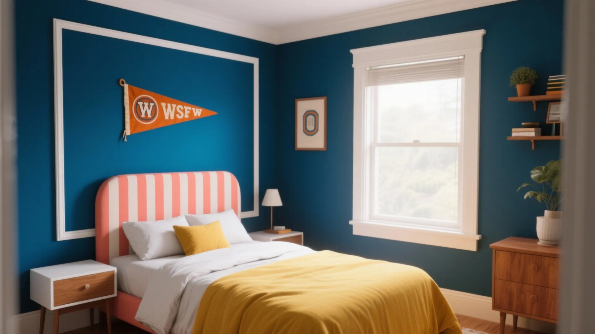 Blue bedroom with yellow blanket striped headboard white window frame wall panel and wooden cabinet