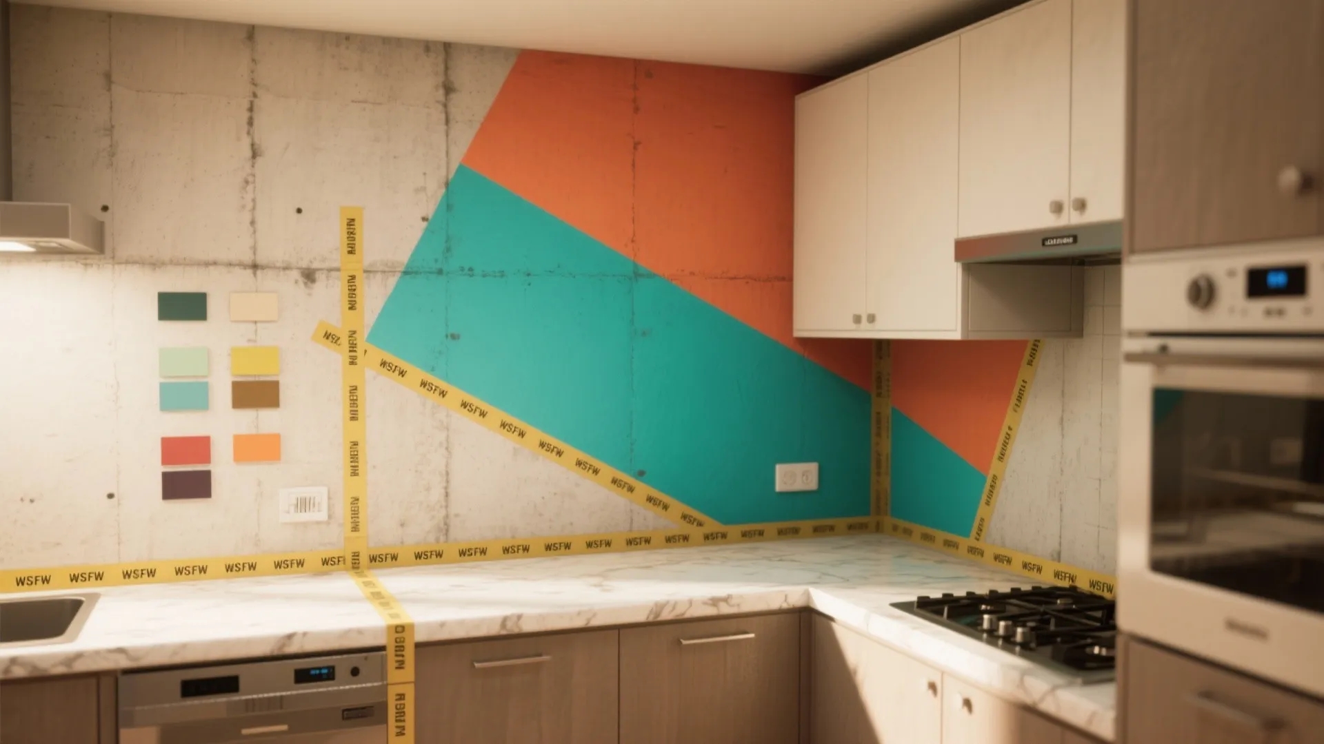 Modern kitchen with concrete wall featuring orange and blue paint blocks and white storage cabinets