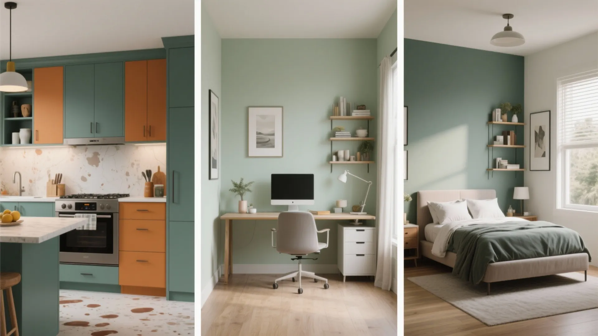 Modern kitchen home office and bedroom interior design with green walls and simple wood furniture