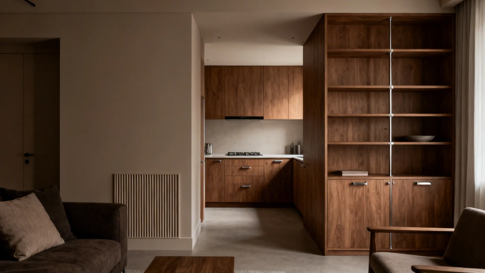 Monochrome matte cabinetry and matching wood tones make the open kitchen recede into the living room.