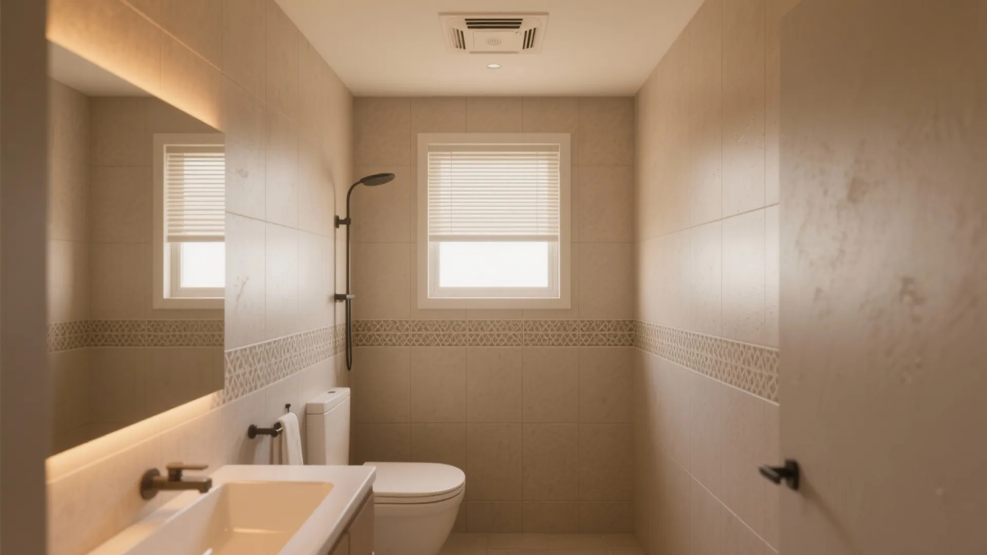 Beige tiled bathroom featuring white toilet, sink with mirror, black shower head, and small window