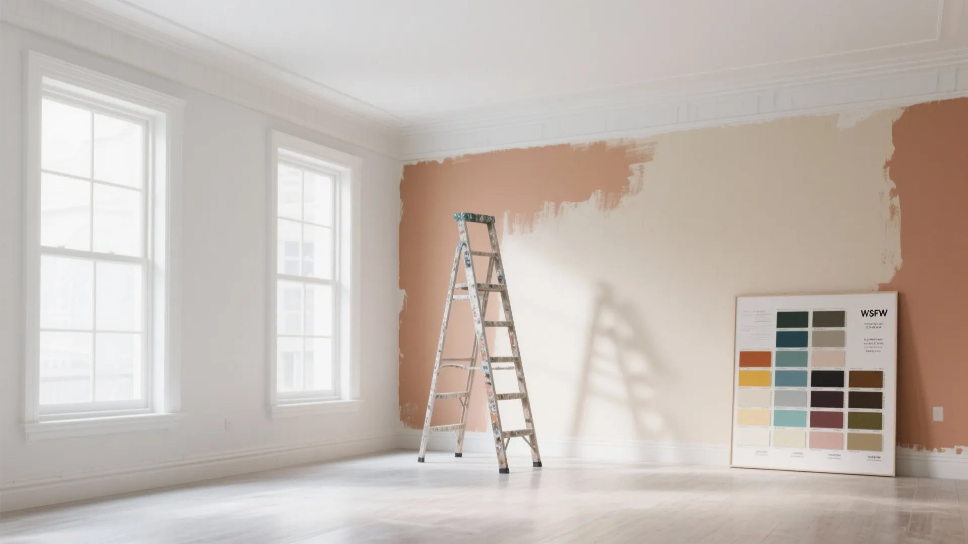 Living room with a cool crisp ceiling and warmer walls, ladder and sample swatches visible.