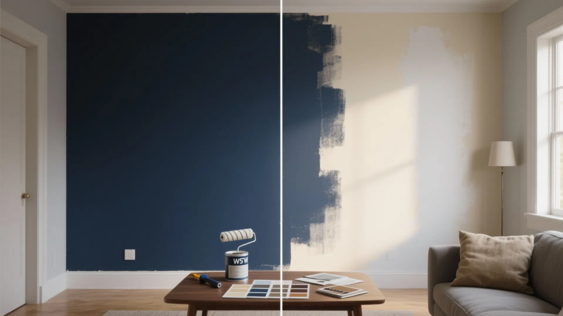 Side by side comparison of a dark blue wall and a light beige wall renovation