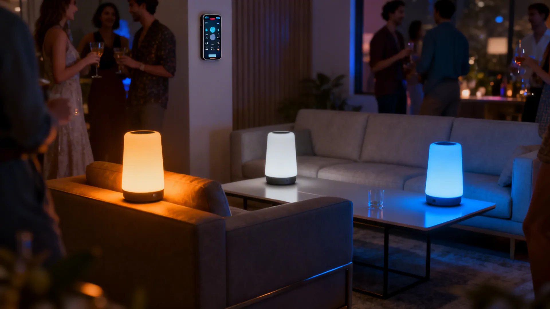 Three cordless color-changing lamps creating warm, neutral, and cool zones in a small living room for entertaining.