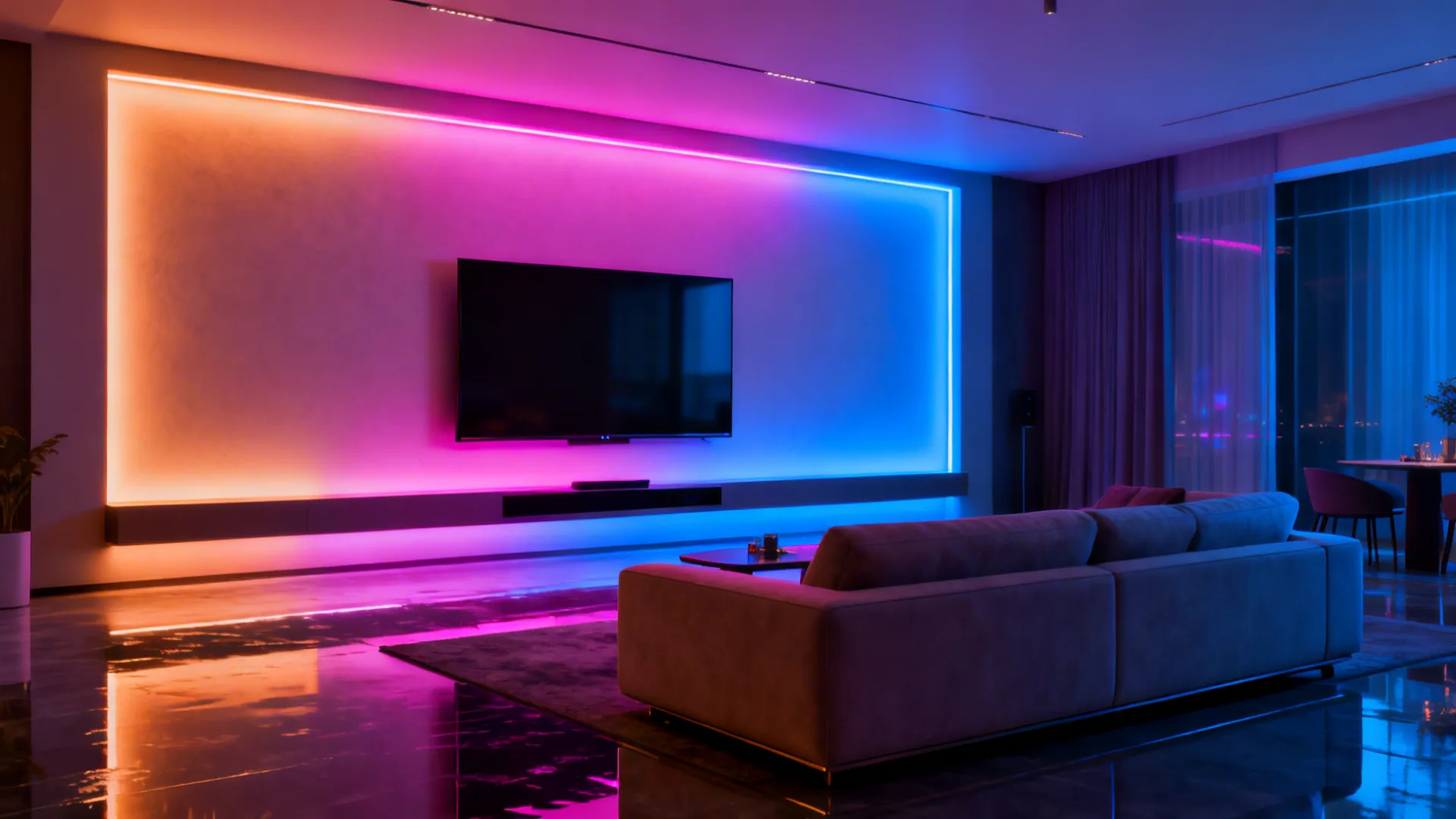 Living room with color-change LED backlight behind TV showing warm and vibrant modes