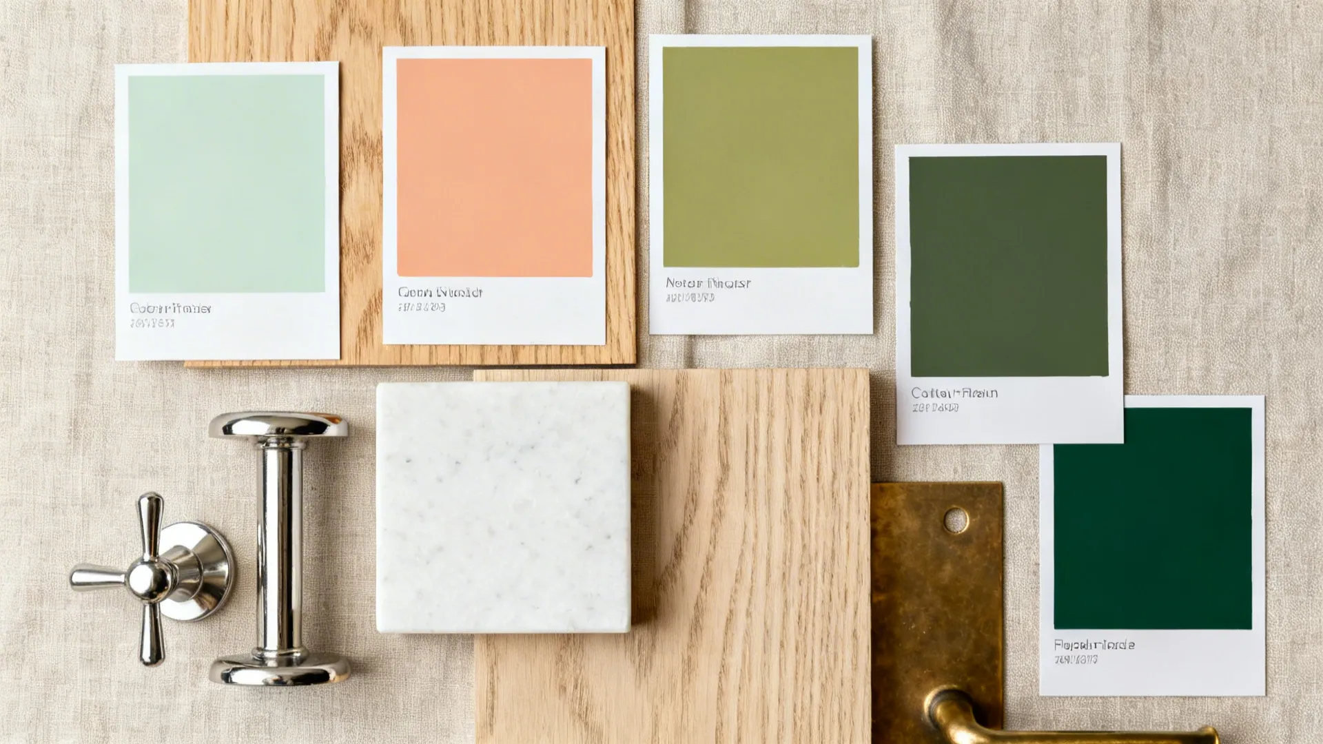 Top-down flat lay of sage and apricot paint chips with oak, quartz, and metal swatches.