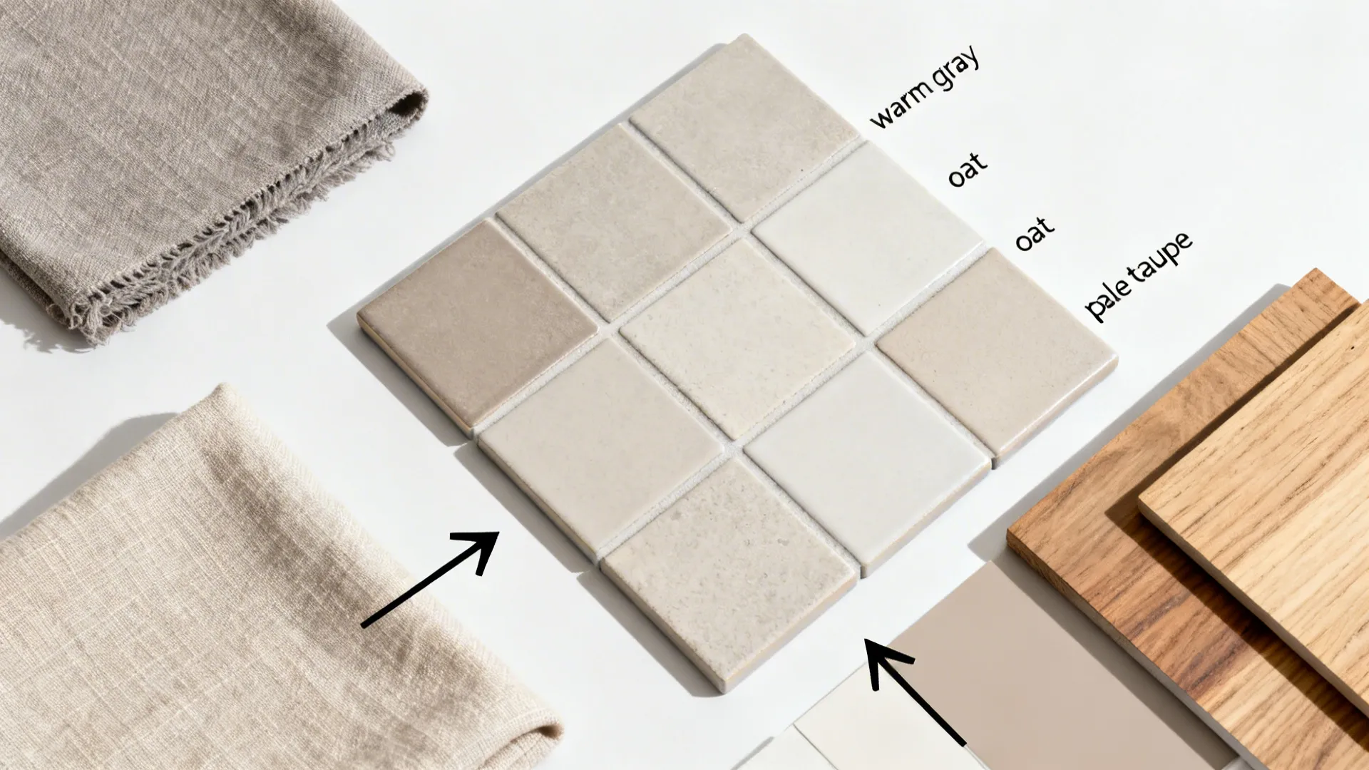 Top-down neutral tile, fabric, and wood swatches showing coordinated undertones.