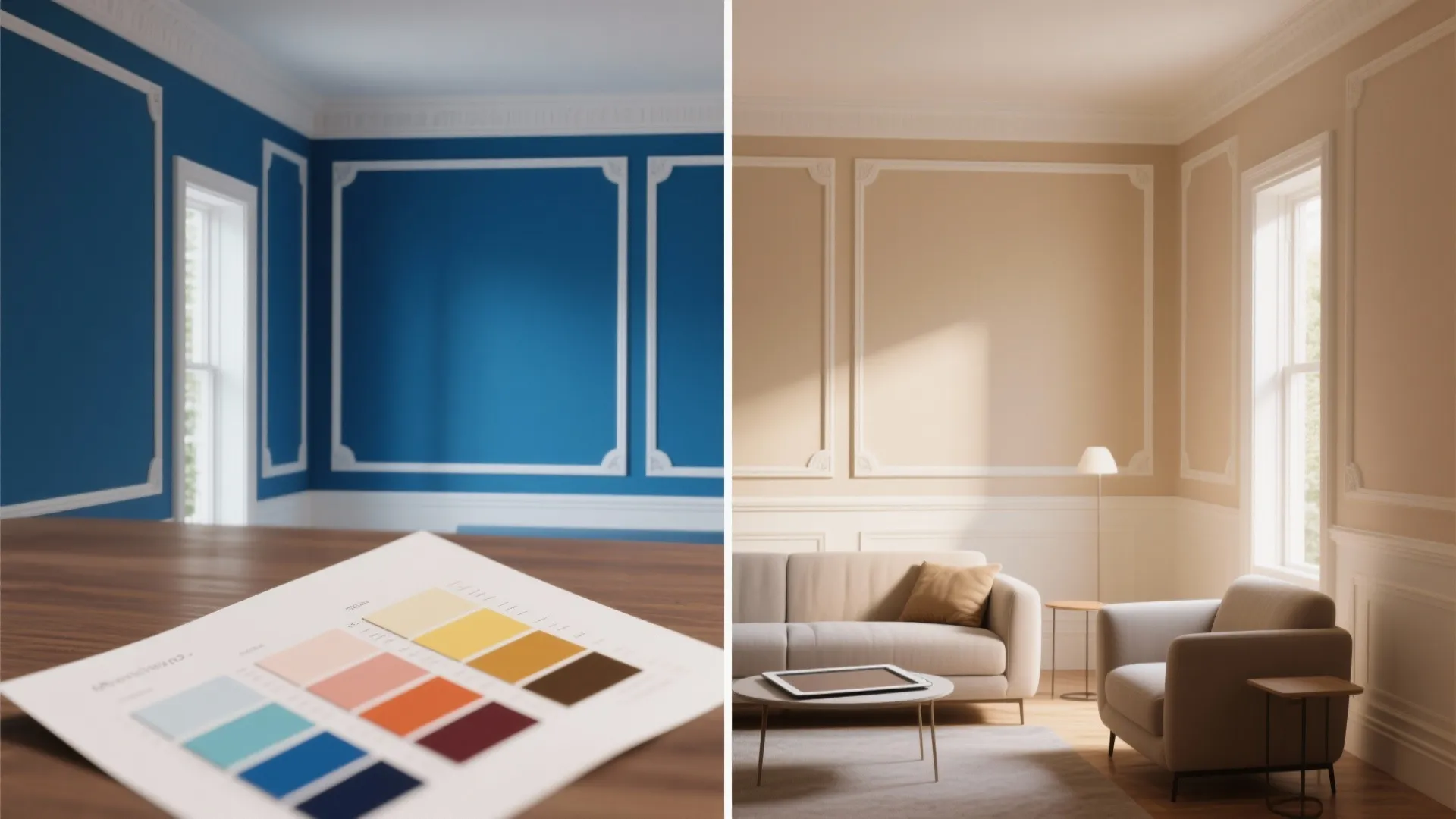 Comparison of blue and beige living rooms with wall panel designs and color palette options