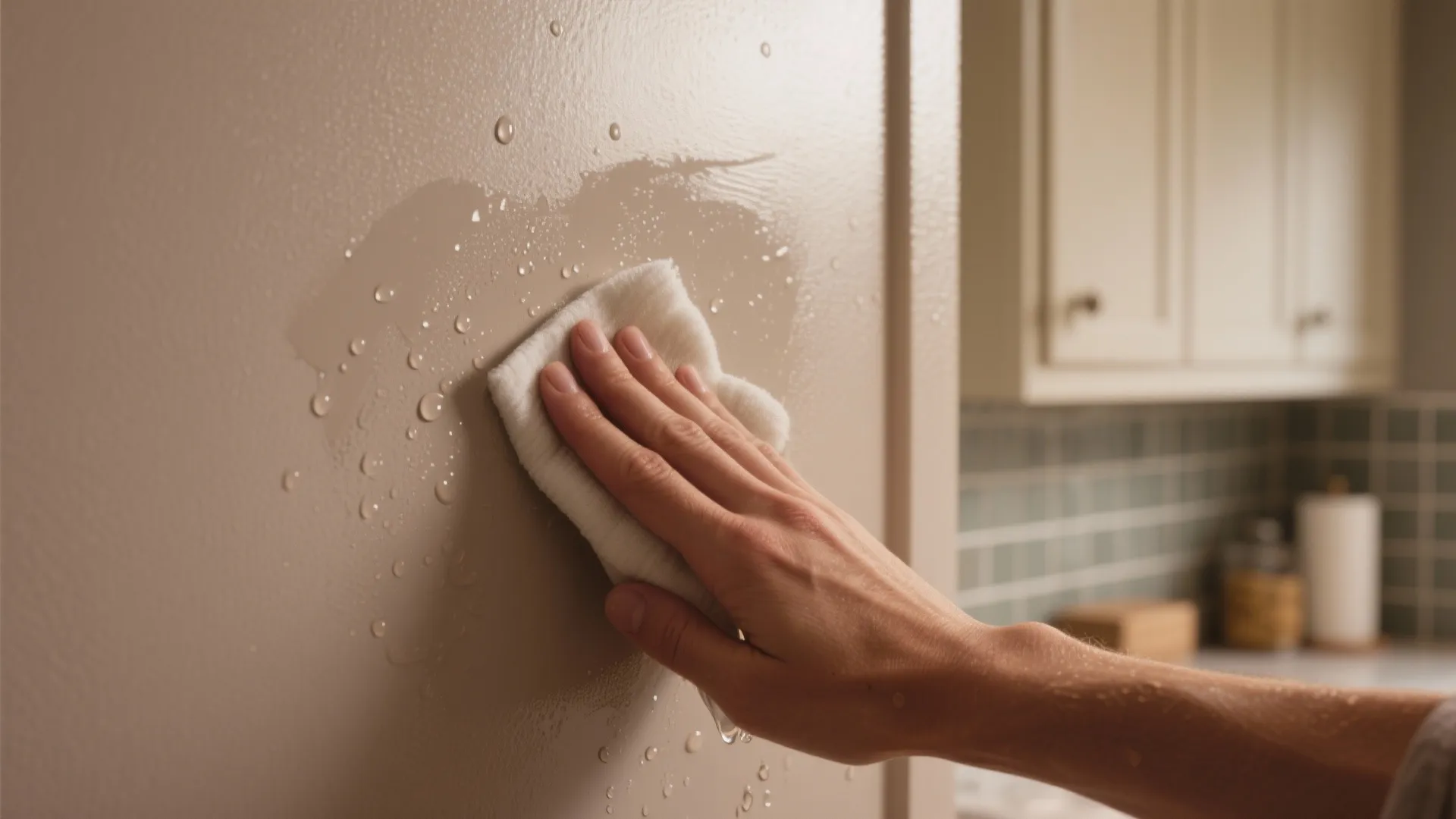Close up of person using a white cloth to wipe water droplets off a beige wall