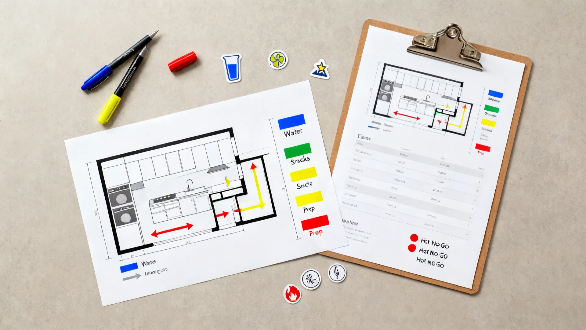 Top-down view of color-coded kitchen charts with arrows and icons for kids.