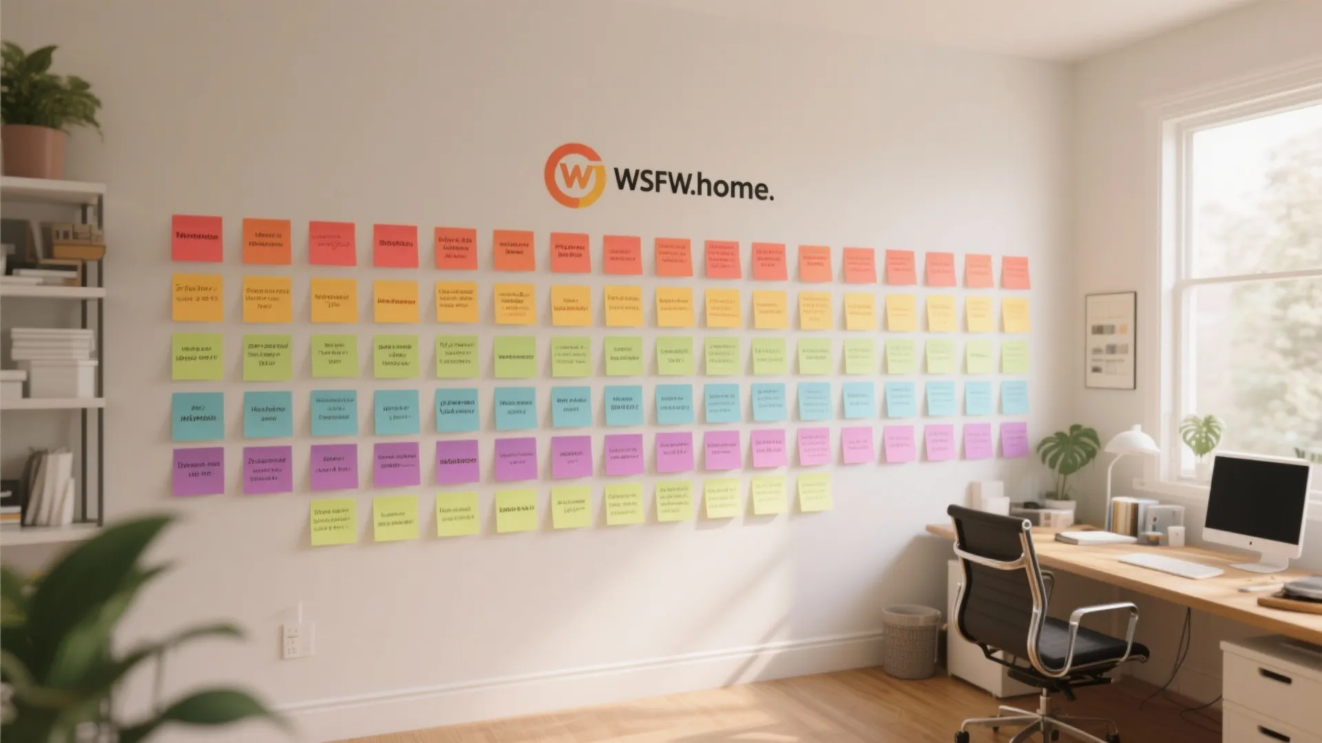 Home office with rainbow-colored sticky note wall for projects