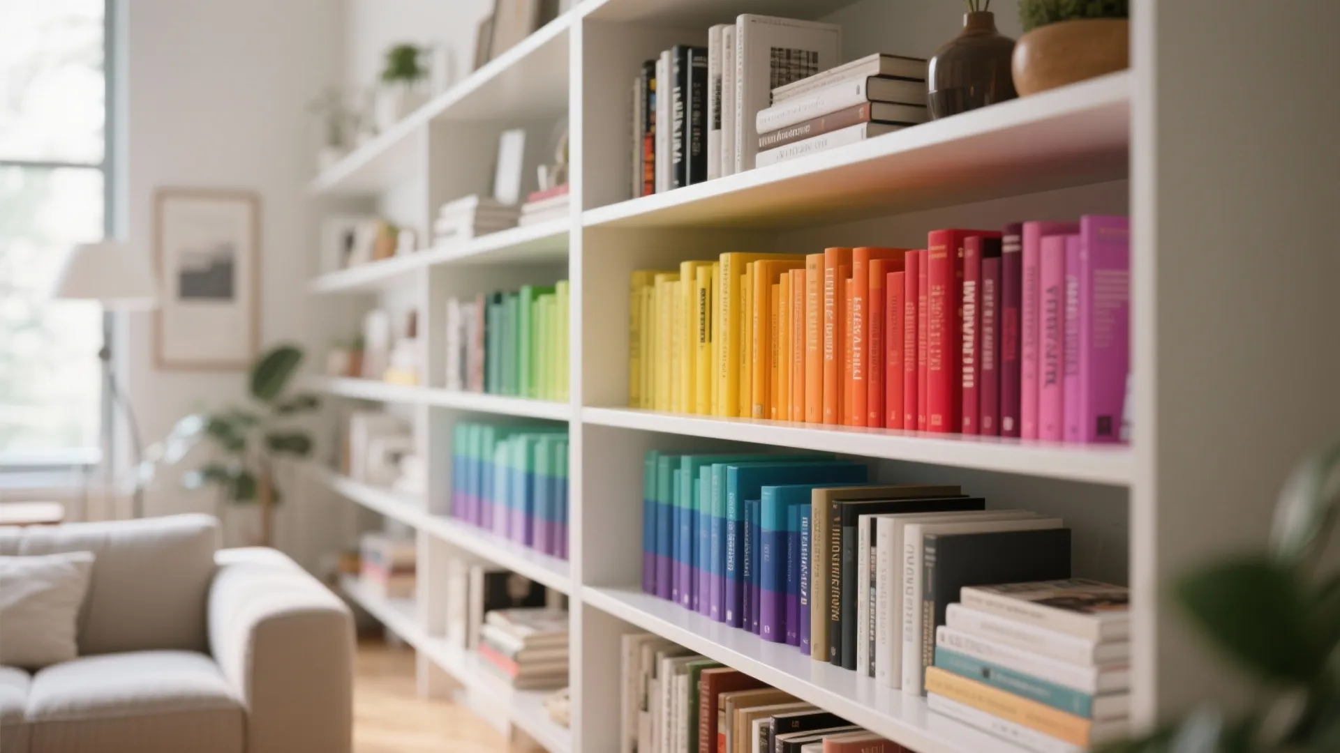 Bookshelf with rainbow-style color-coded books