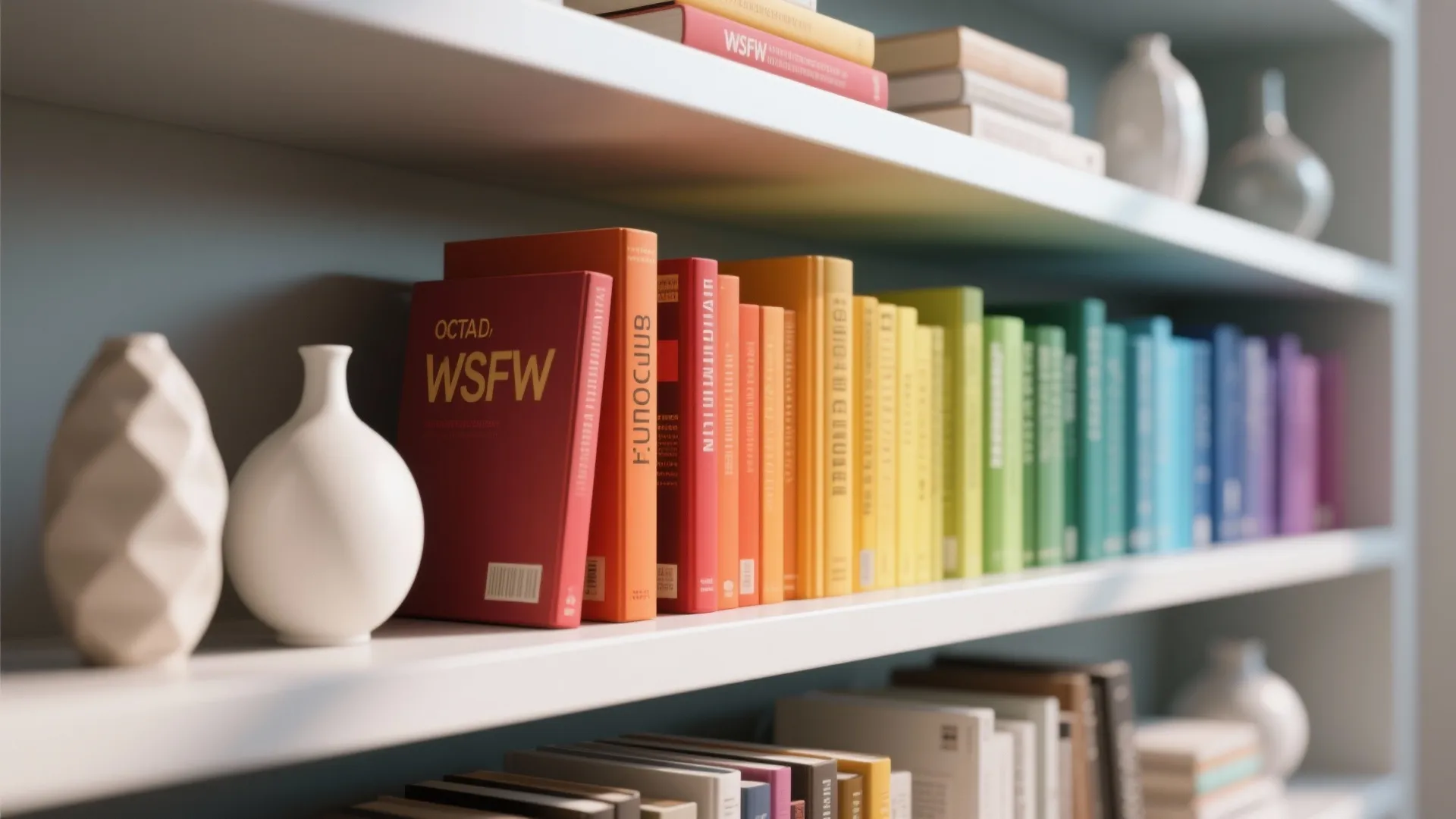 Books arranged by color in a gradient on a modern bookshelf