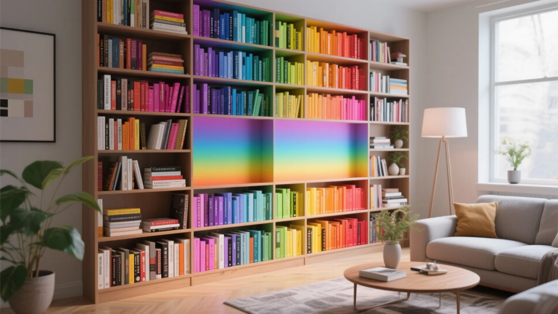 Large wooden cabinet filled with books organized by color creating a rainbow effect in room
