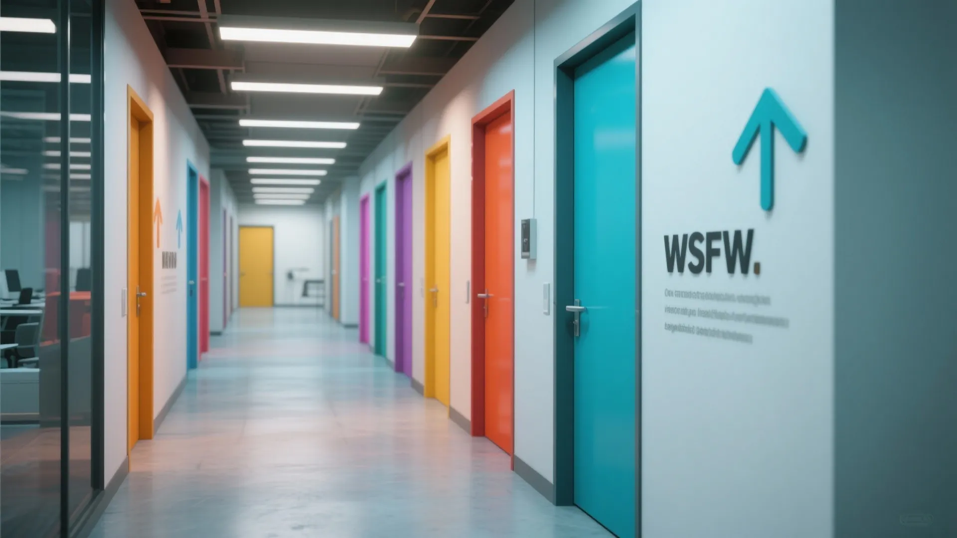 Office doors with color-coded signage panels for departments